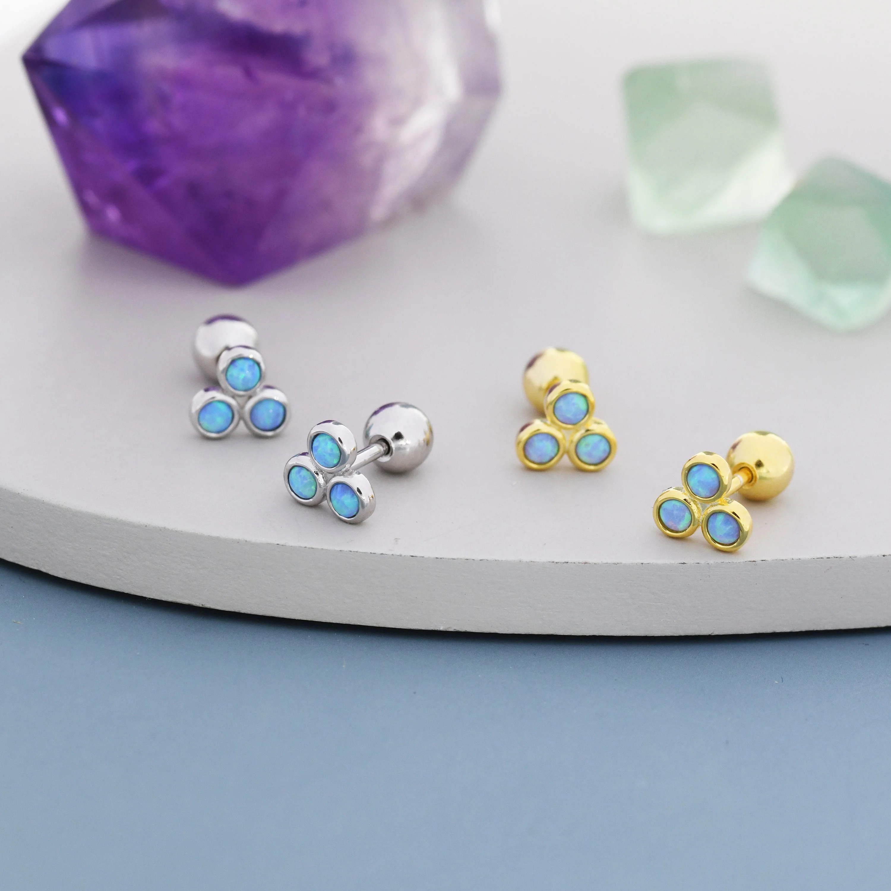 Blue Opal Trio Screw back Earrings in Sterling Silver, Silver or Gold, Opal Trinity Earrings, Screwback Barbell - Image 5