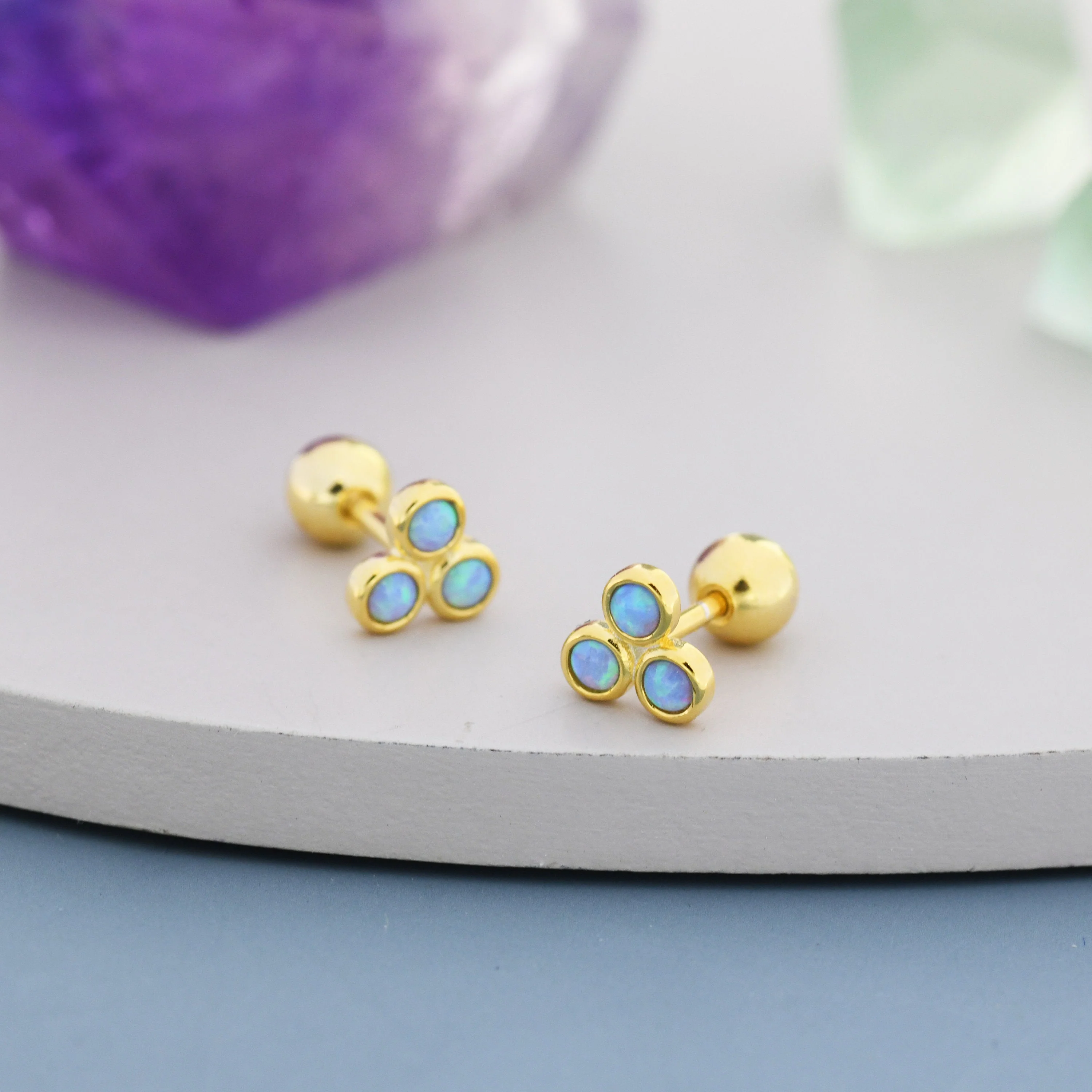 Blue Opal Trio Screw back Earrings in Sterling Silver, Silver or Gold, Opal Trinity Earrings, Screwback Barbell - Image 6