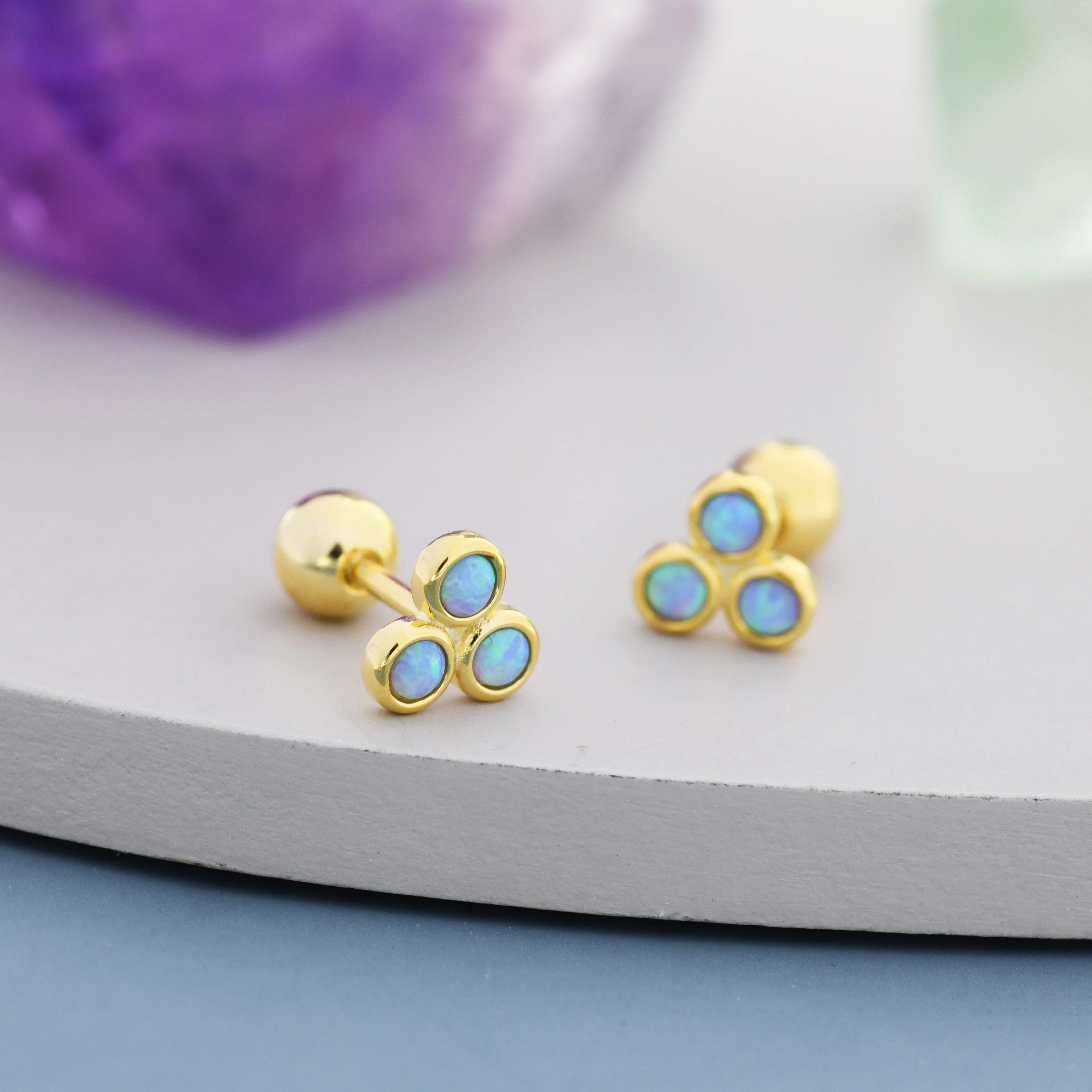 Blue Opal Trio Screw back Earrings in Sterling Silver, Silver or Gold, Opal Trinity Earrings, Screwback Barbell - Image 7