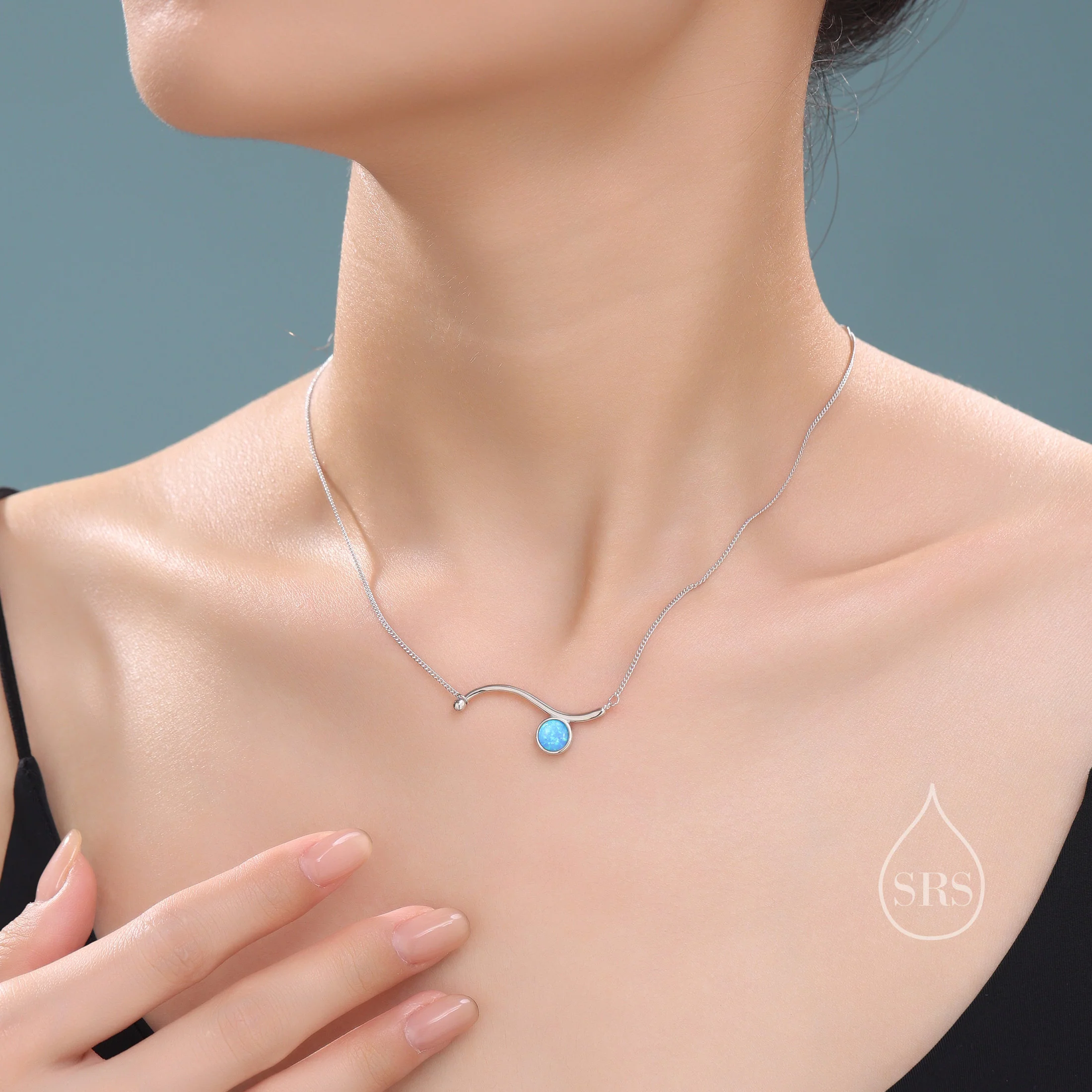 Blue Opal Wave Pendant Necklace in Sterling Silver, Silver or Gold, Opal Wave Necklace, Lab Opal Necklace - Image 2