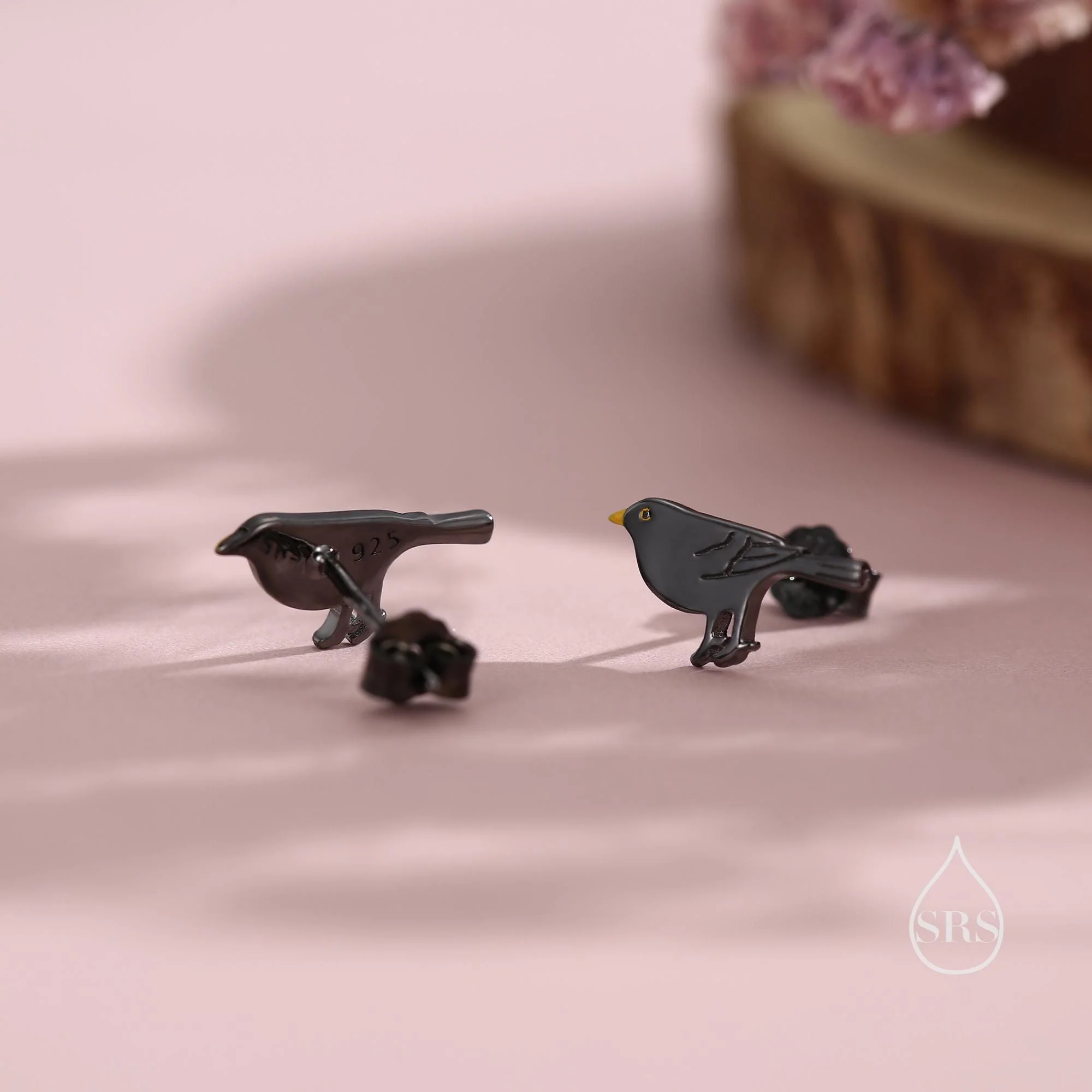 British Black Bird Stud Earrings in Sterling Silver with Yellow Beak - Black Rhodium Coated Sterling Silver, Animal Stud Earrings - Image 5