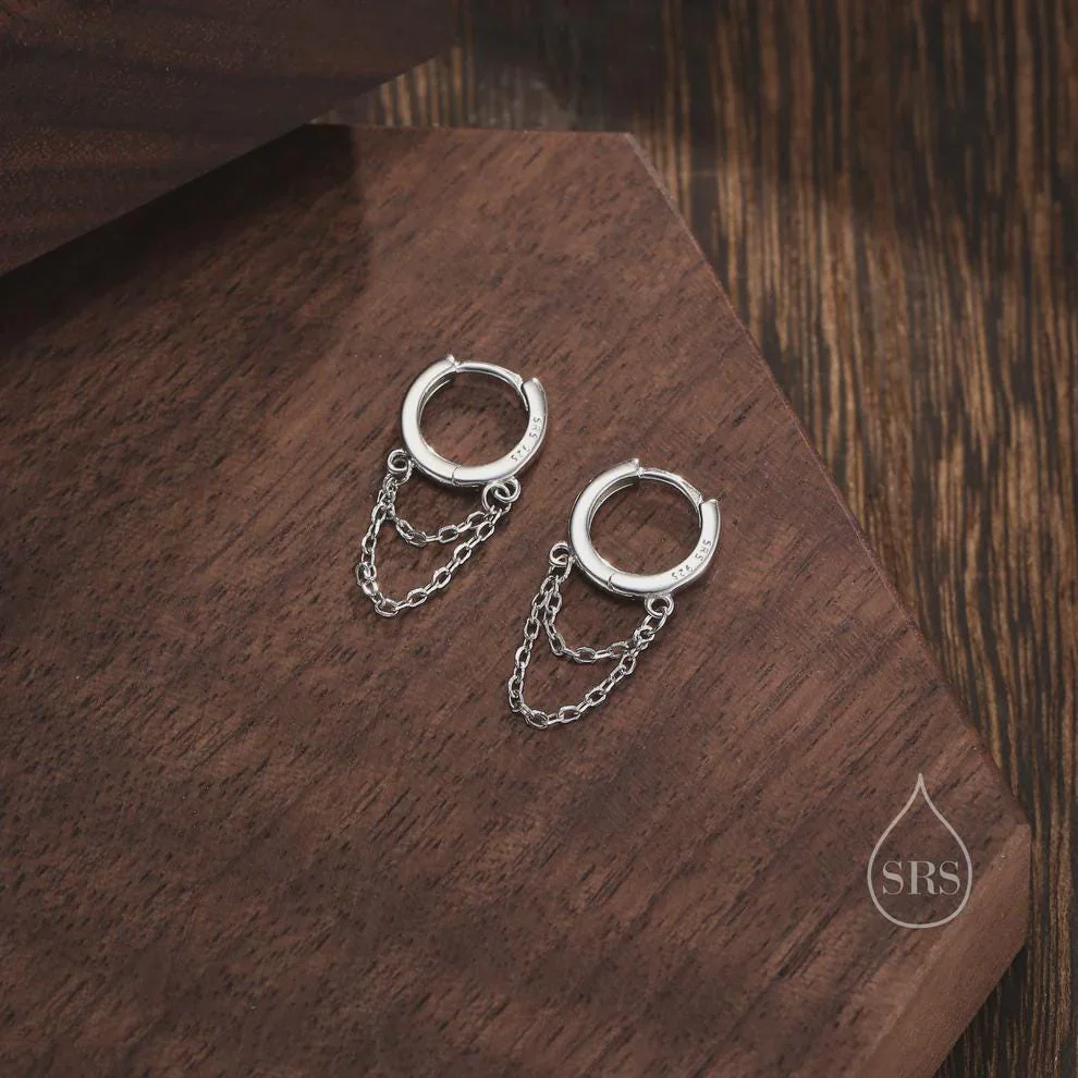 Double Chained Hoop Earrings in Sterling Silver – Silver, Gold or Rose Gold Huggie Hoops with Two Chains - Image 2