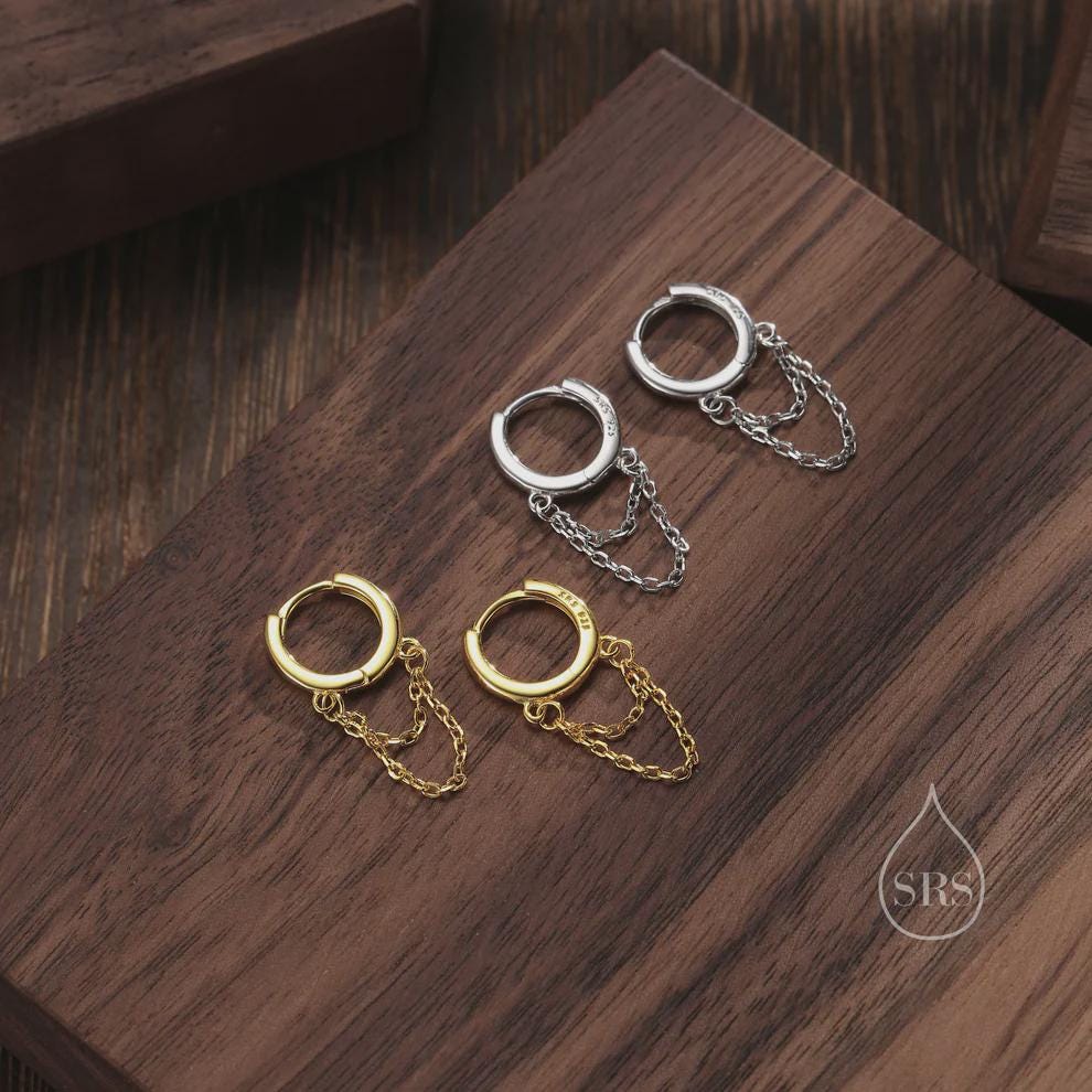 Double Chained Hoop Earrings in Sterling Silver – Silver, Gold or Rose Gold Huggie Hoops with Two Chains - Image 4