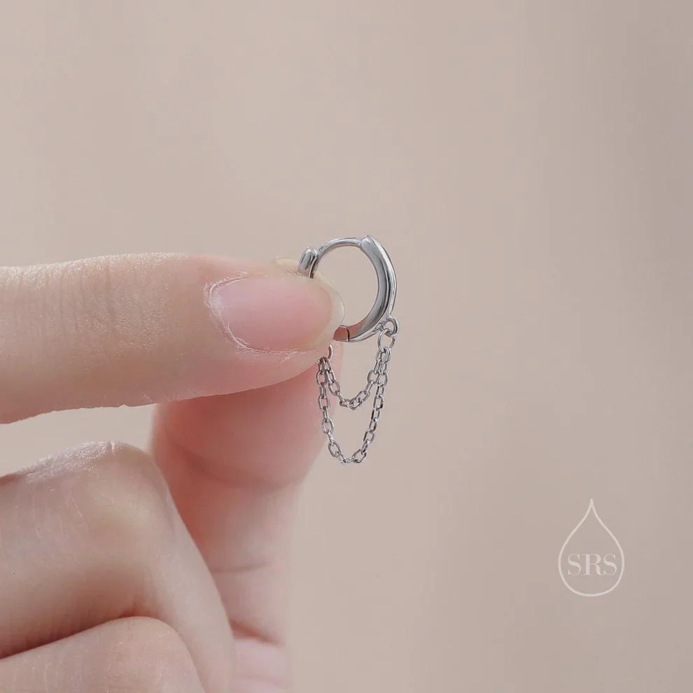 Double Chained Hoop Earrings in Sterling Silver – Silver, Gold or Rose Gold Huggie Hoops with Two Chains - Image 6