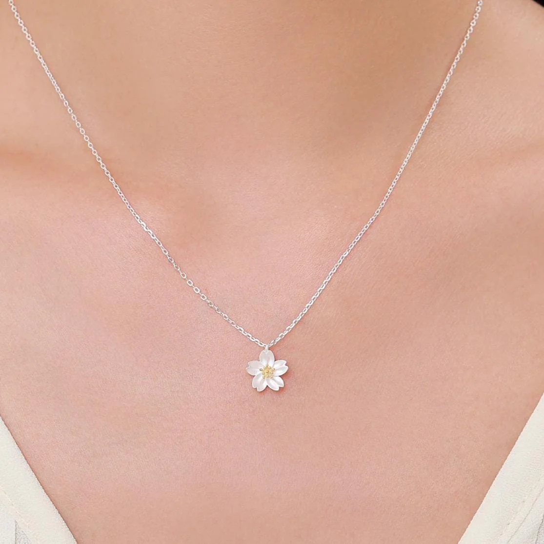 Cherry Blossom Flower Tiny Pendant Necklace in Sterling Silver, Nature Inspired Flower Necklace, January Birth Flower, Botanical - Image 4