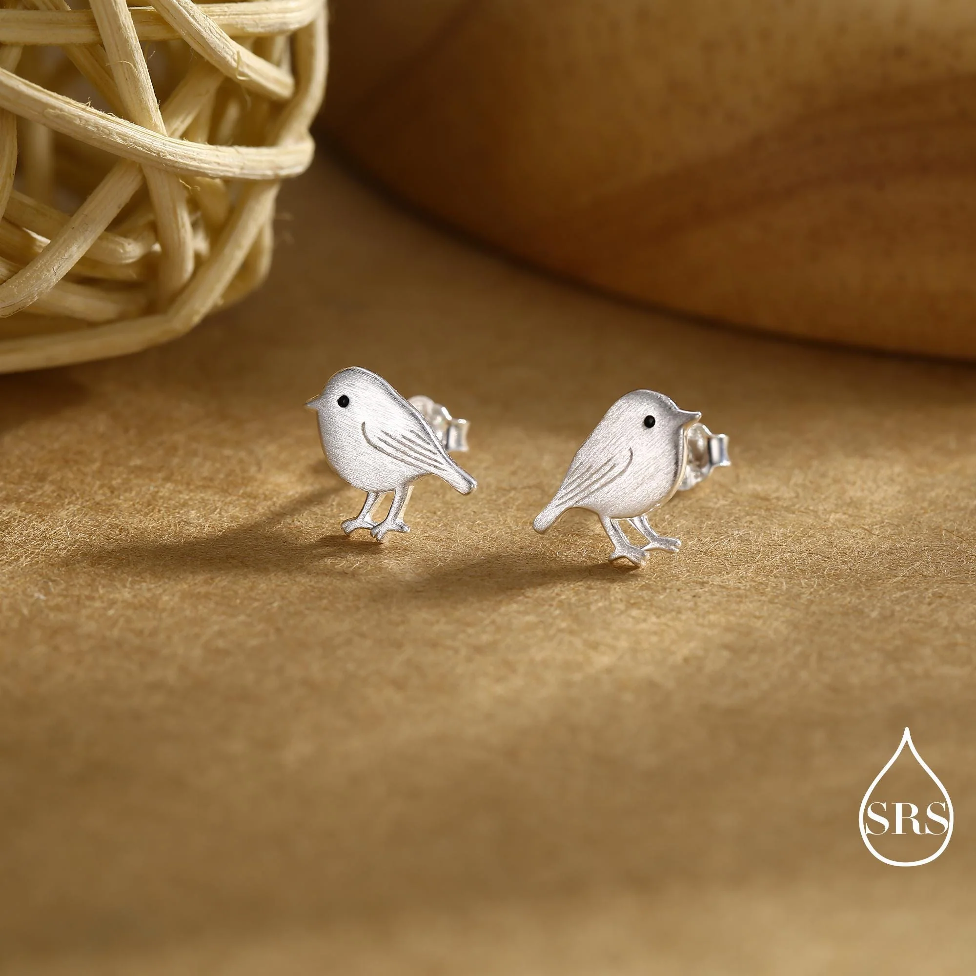 Chickadee Bird Stud Earrings in Sterling Silver, Brushed Textured Finish, Cute Bird Earrings, Nature Inspired Animal Earrings