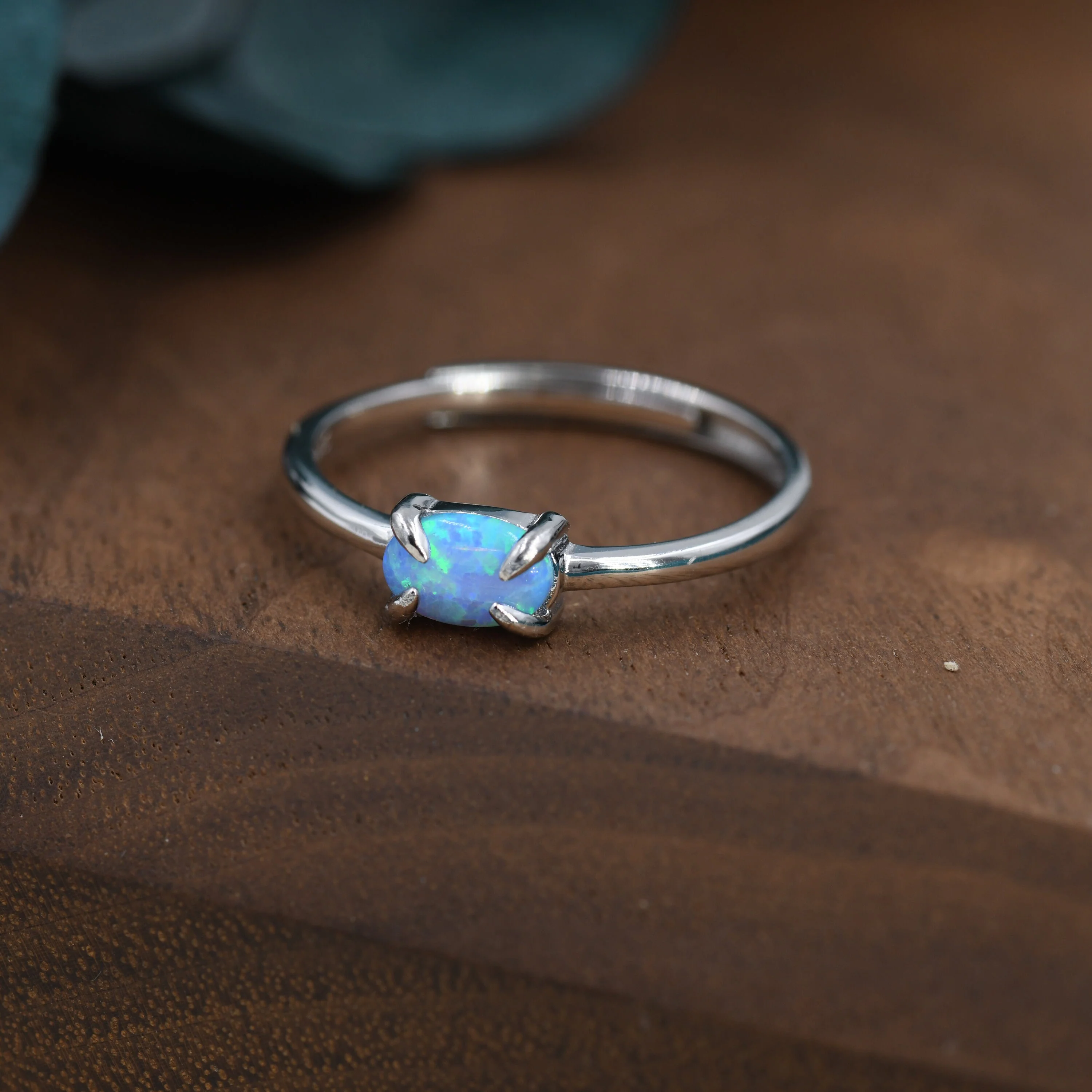 Clawed Blue Opal Oval Ring in Sterling Silver, Adjustable Size Opal Ring, Prong Set, Lab Opal Stone Ring, Opal Ring, Delicate Stacking Ring - Image 6