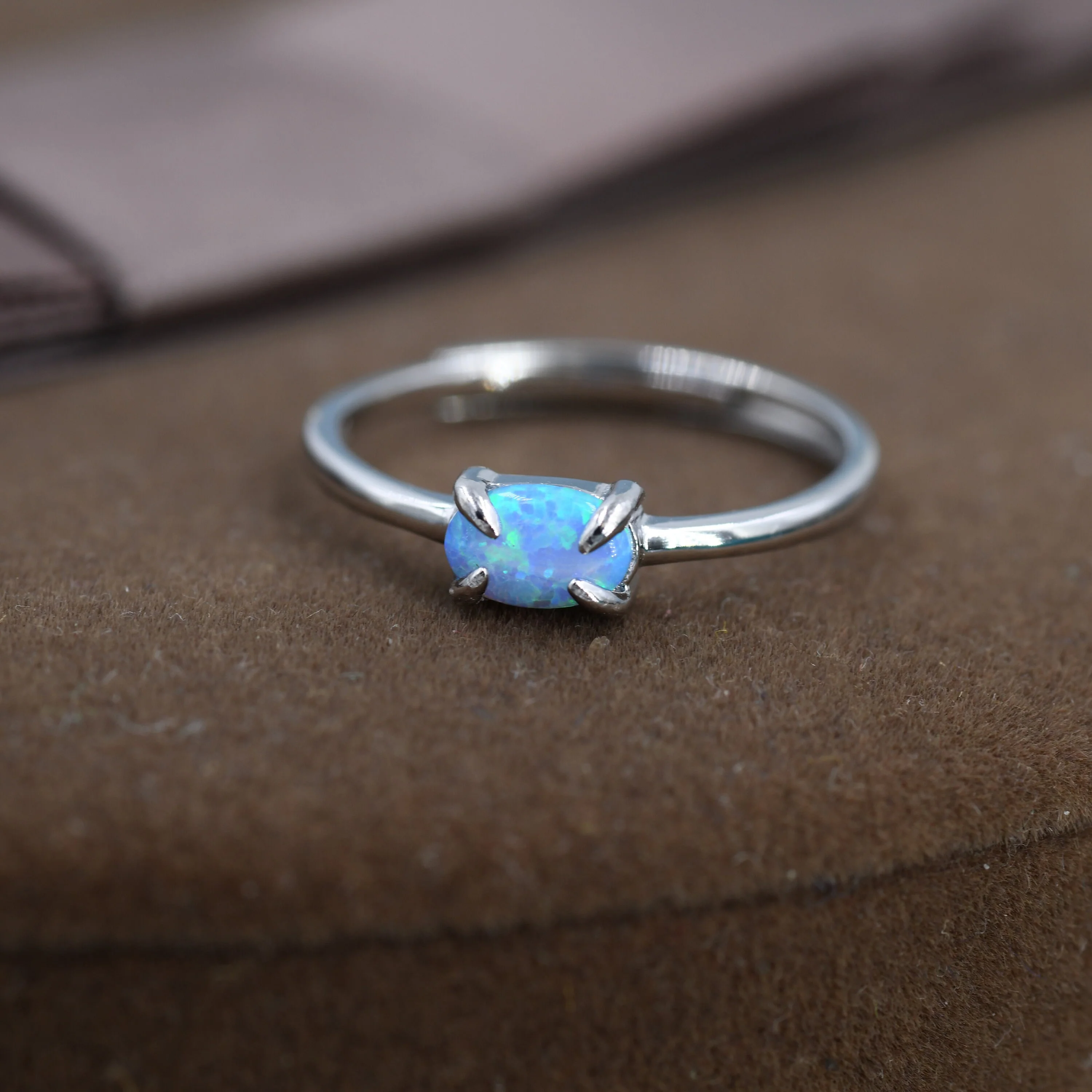 Clawed Blue Opal Oval Ring in Sterling Silver, Adjustable Size Opal Ring, Prong Set, Lab Opal Stone Ring, Opal Ring, Delicate Stacking Ring - Image 7