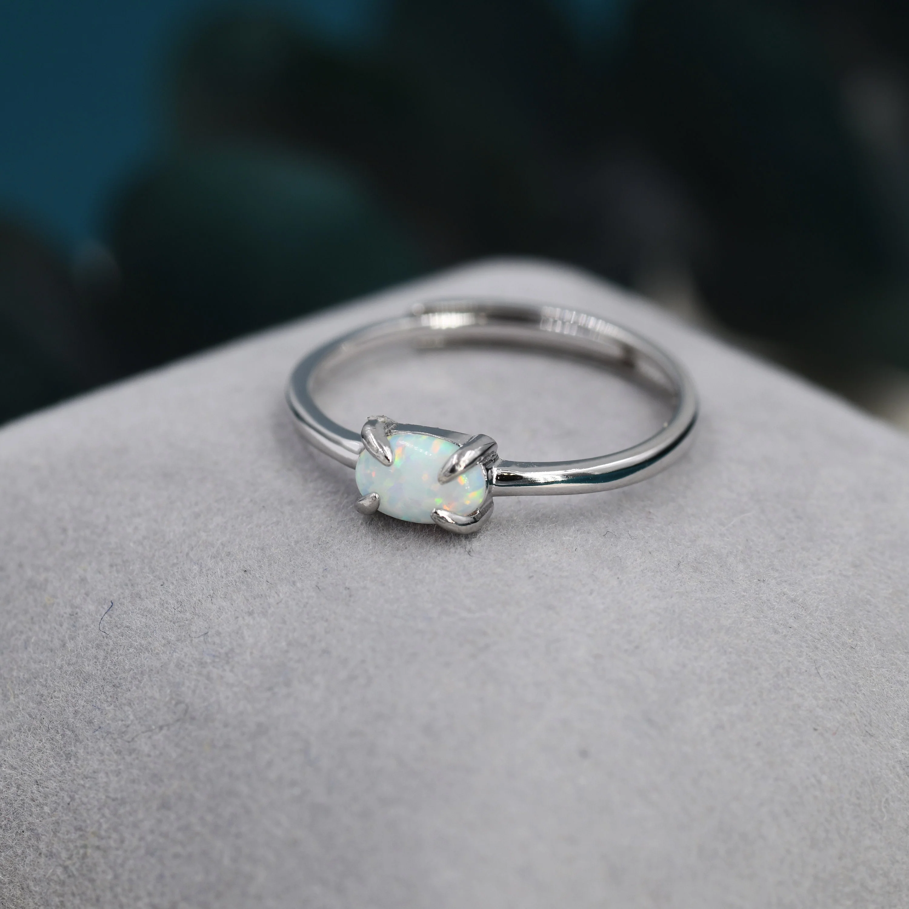 Clawed Fire Opal Oval Ring in Sterling Silver, Adjustable Size Opal Ring, Prong Set, Lab Opal Stone Ring, Opal Ring, Delicate Stacking Ring - Image 4