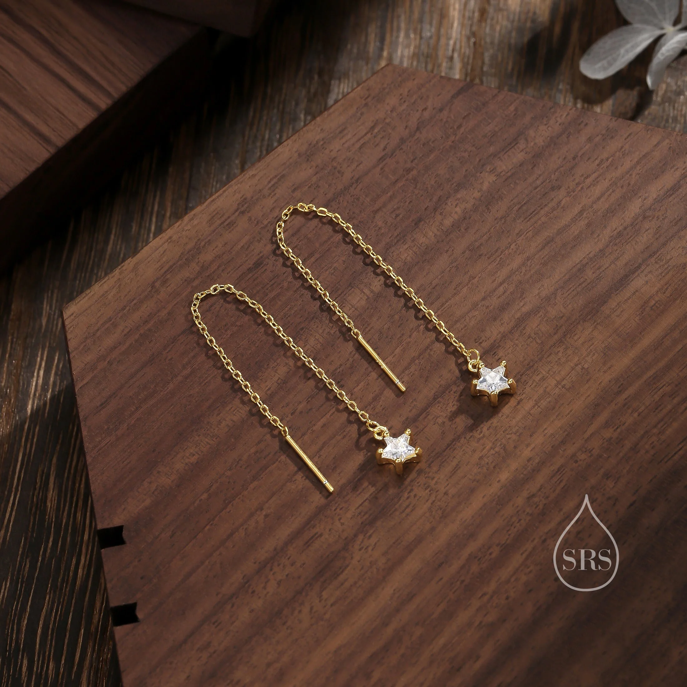 Clear CZ Star Threader Earrings in Sterling Silver, Silver or Gold, Crystal Star Ear Threaders - Image 3