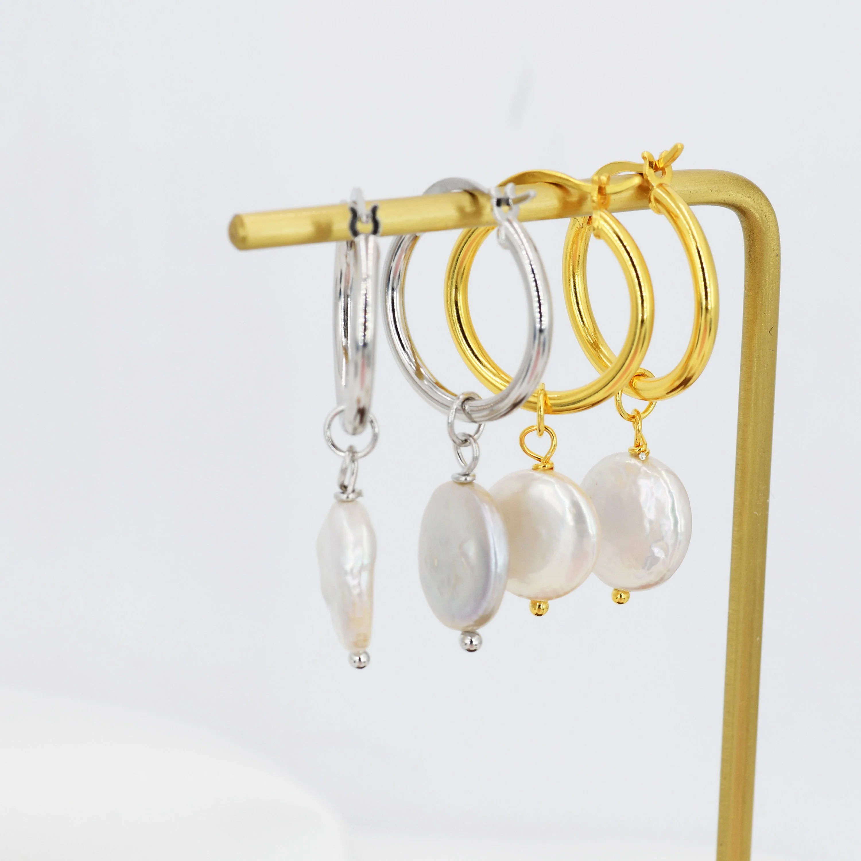Coin Baroque Pearl Dangle Creole Hoop Earrings in Sterling Silver, Detachable Pearl Hoop Earrings, Pearl Huggie Hoops, Keshi Pearls - Image 3