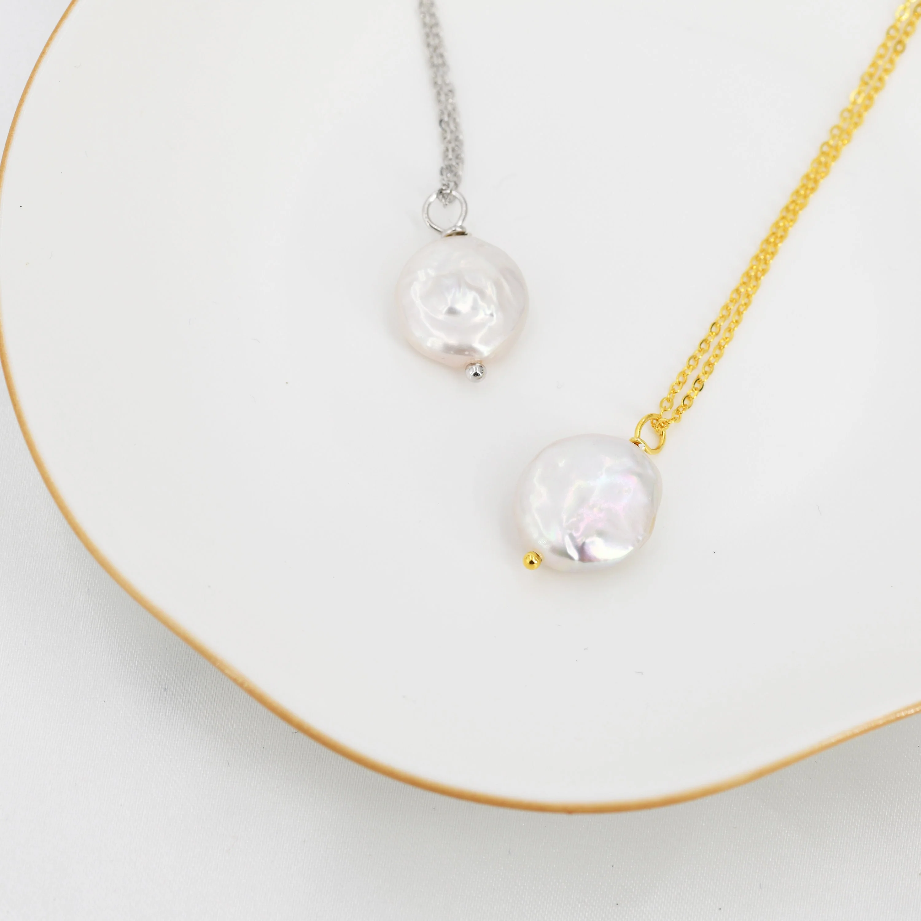 Coin Baroque Pearl Necklace in Sterling Silver, Keshi Pearl Necklace, Natural Freshwater Pearl Necklace - Image 5
