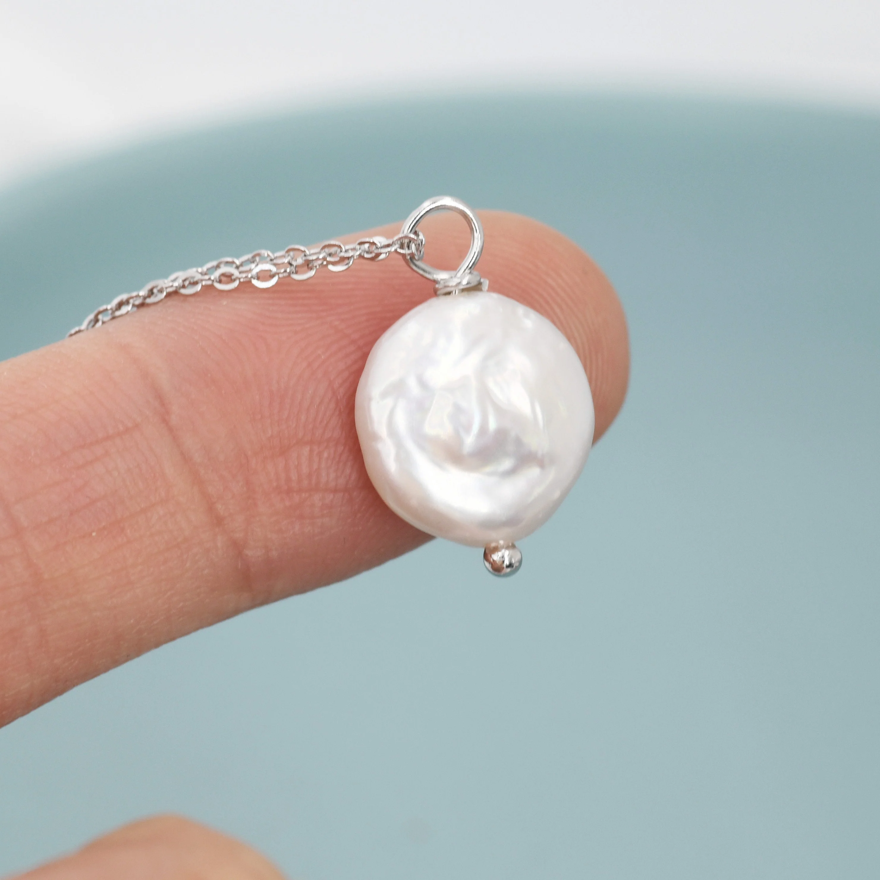 Coin Baroque Pearl Necklace in Sterling Silver, Keshi Pearl Necklace, Natural Freshwater Pearl Necklace - Image 7