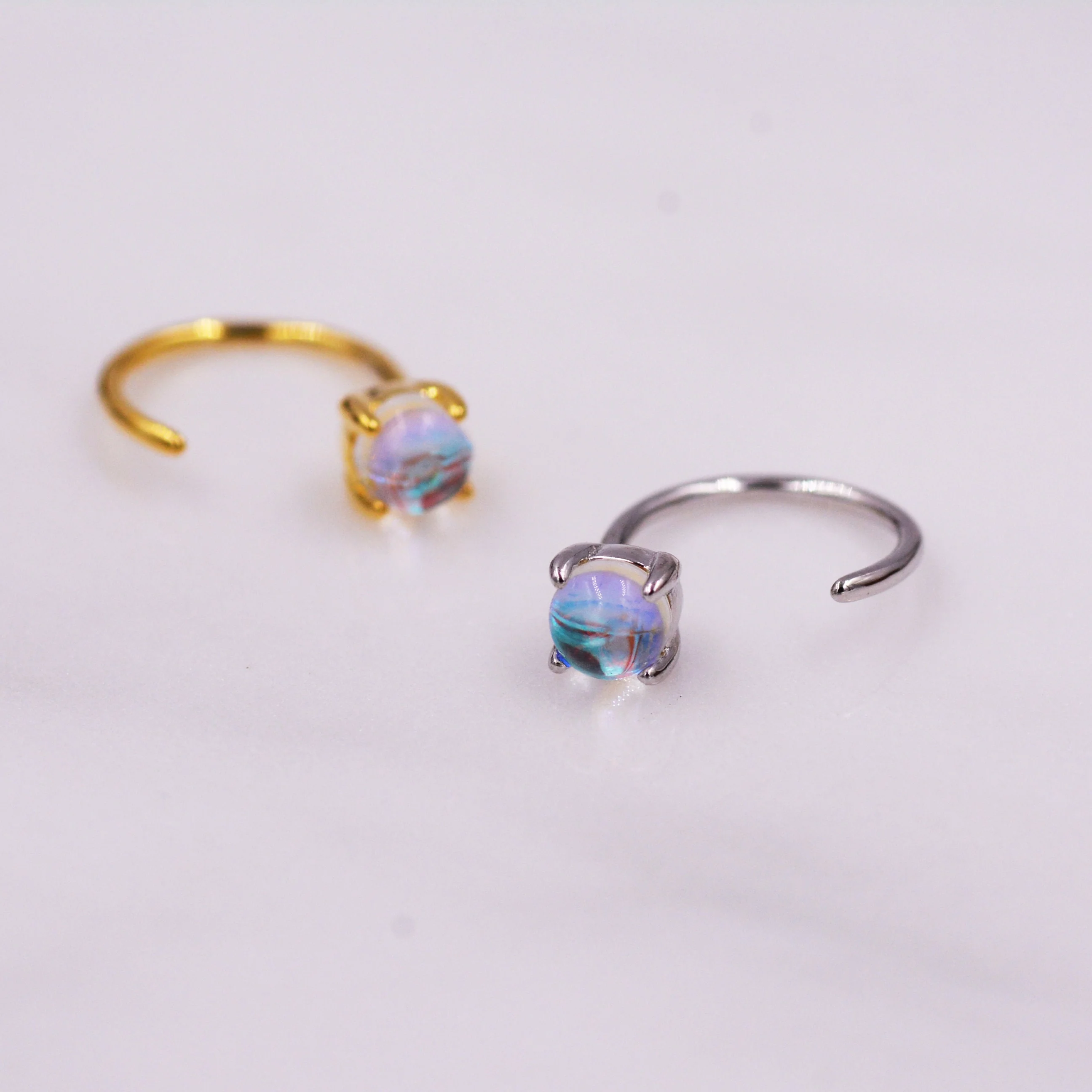 Colour Changing Crystal Huggie Hoop Threader Earrings in Sterling Silver, Simulated Moonstone, 4mm, Pull Through Open Hoops - Image 3
