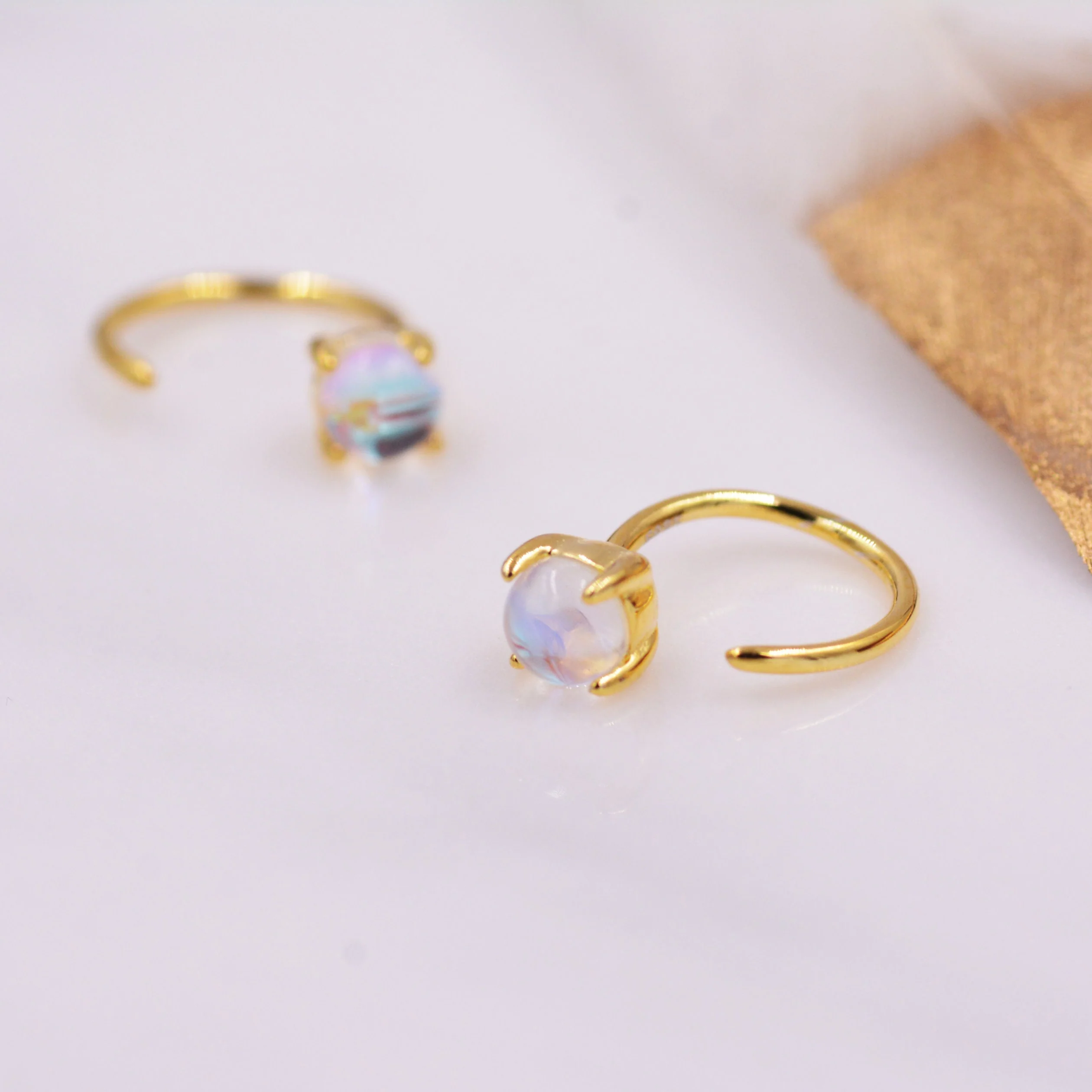 Colour Changing Crystal Huggie Hoop Threader Earrings in Sterling Silver, Simulated Moonstone, 4mm, Pull Through Open Hoops - Image 4