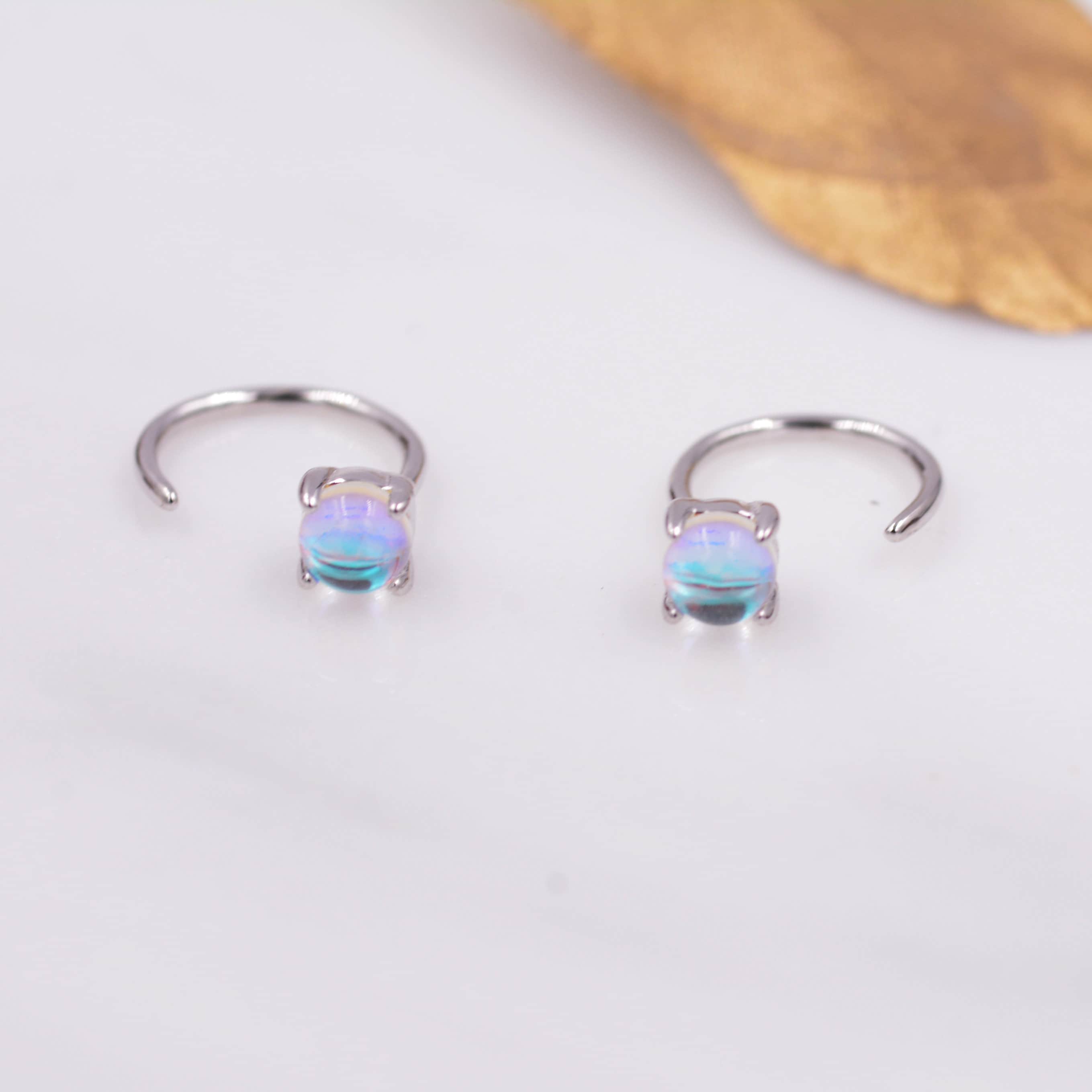 Colour Changing Crystal Huggie Hoop Threader Earrings in Sterling Silver, Simulated Moonstone, 4mm, Pull Through Open Hoops - Image 5
