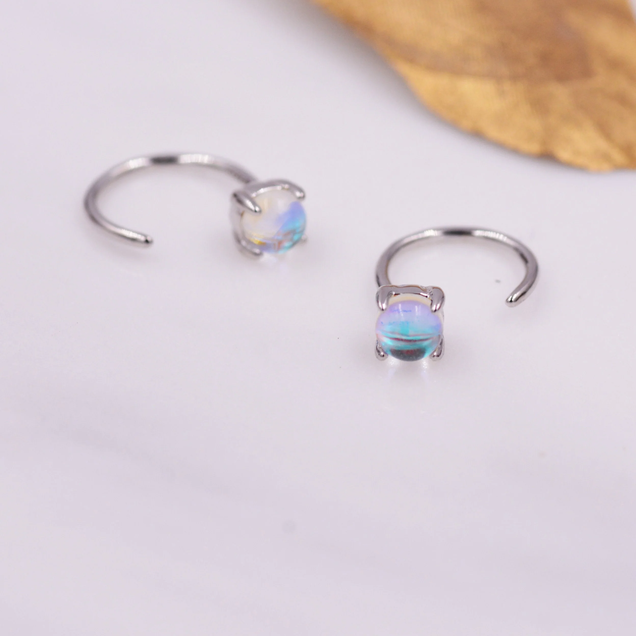 Colour Changing Crystal Huggie Hoop Threader Earrings in Sterling Silver, Simulated Moonstone, 4mm, Pull Through Open Hoops - Image 6