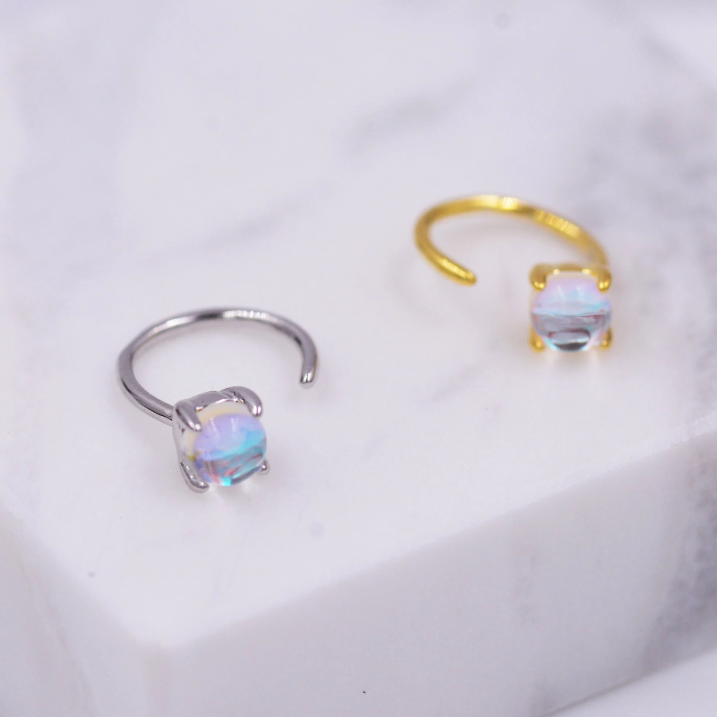 Colour Changing Crystal Huggie Hoop Threader Earrings in Sterling Silver, Simulated Moonstone, 4mm, Pull Through Open Hoops - Image 7