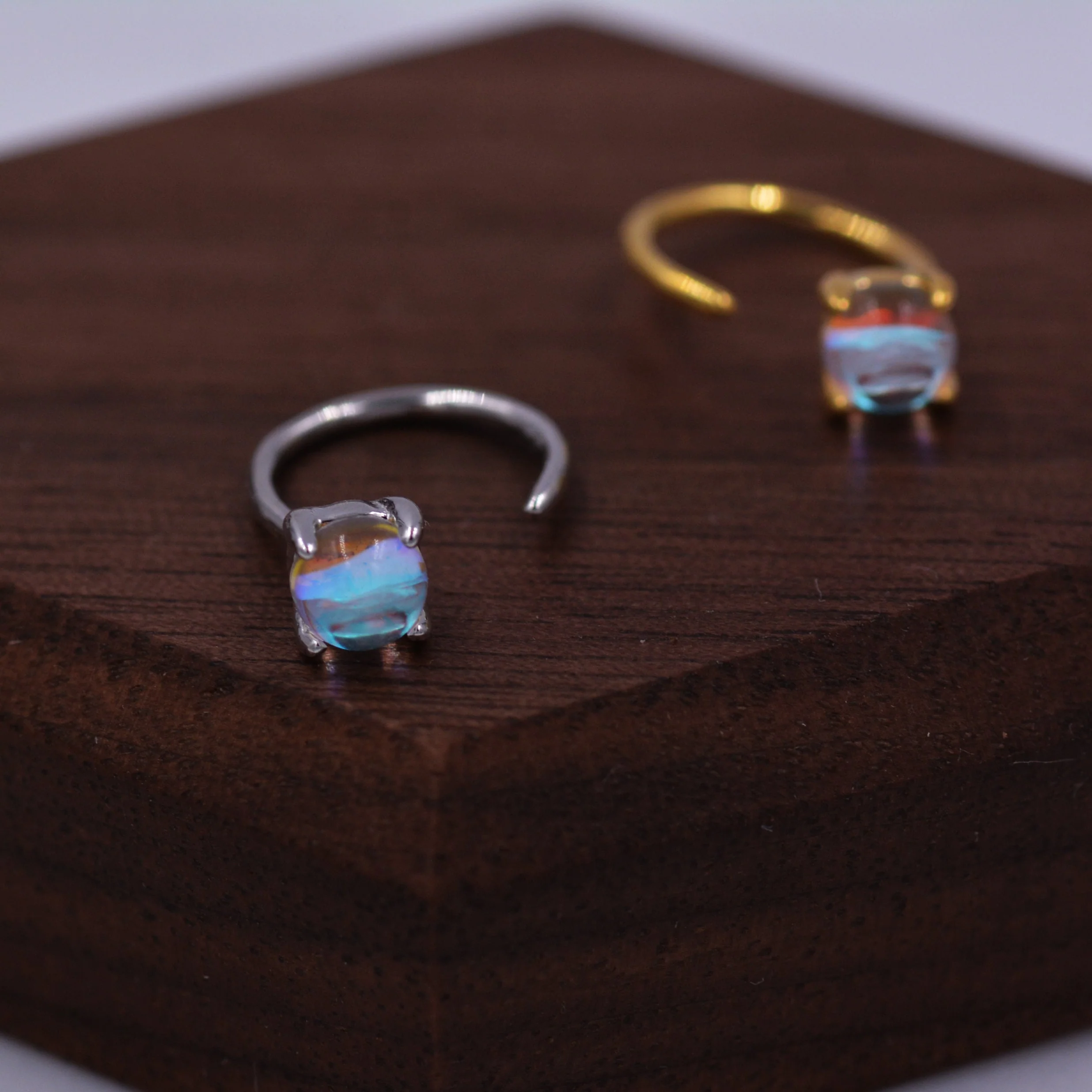 Colour Changing Crystal Huggie Hoop Threader Earrings in Sterling Silver, Simulated Moonstone, 4mm, Pull Through Open Hoops - Image 8