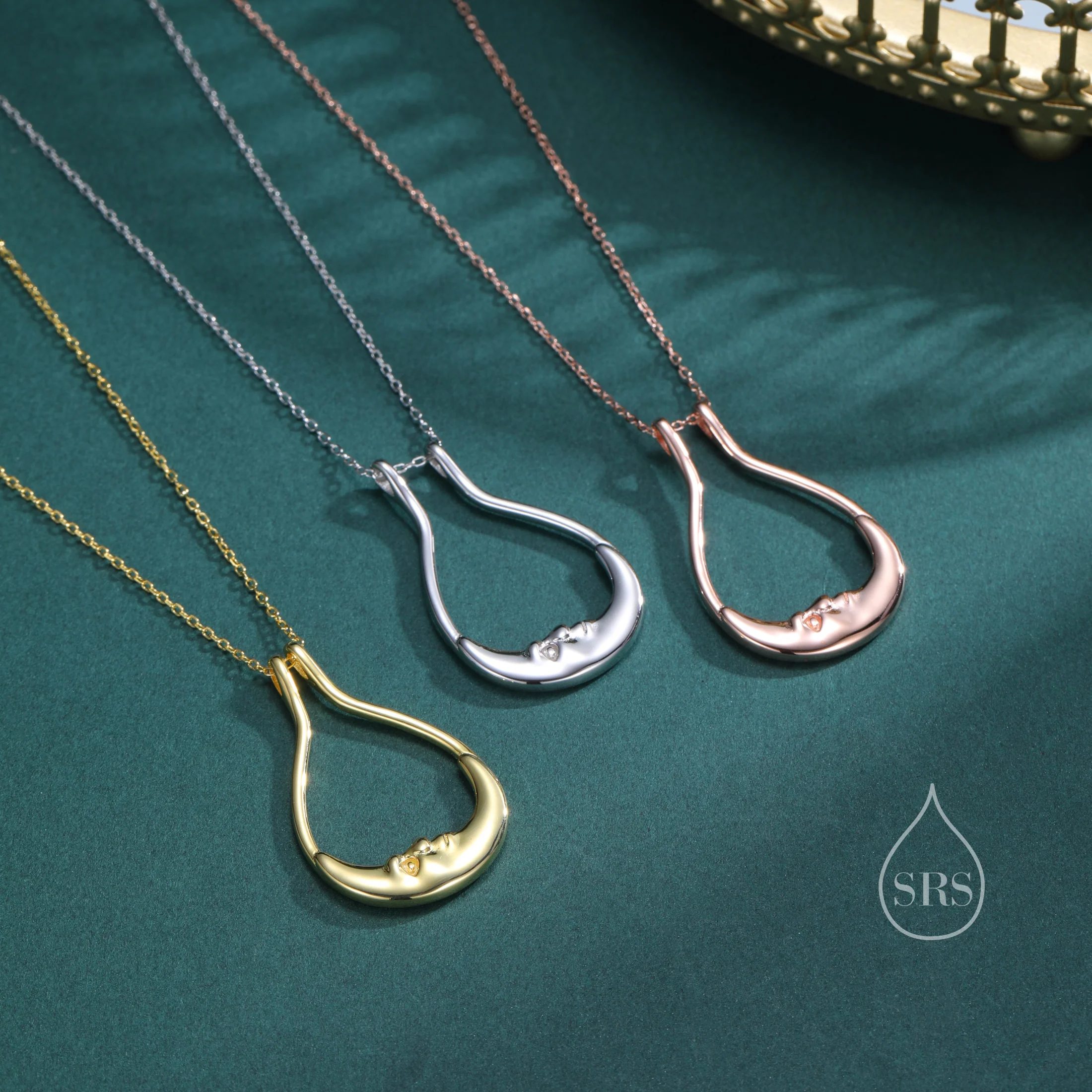UK Only – Moon Face Ring Holder Necklace in Sterling Silver, Gold or Rose Gold,50cm