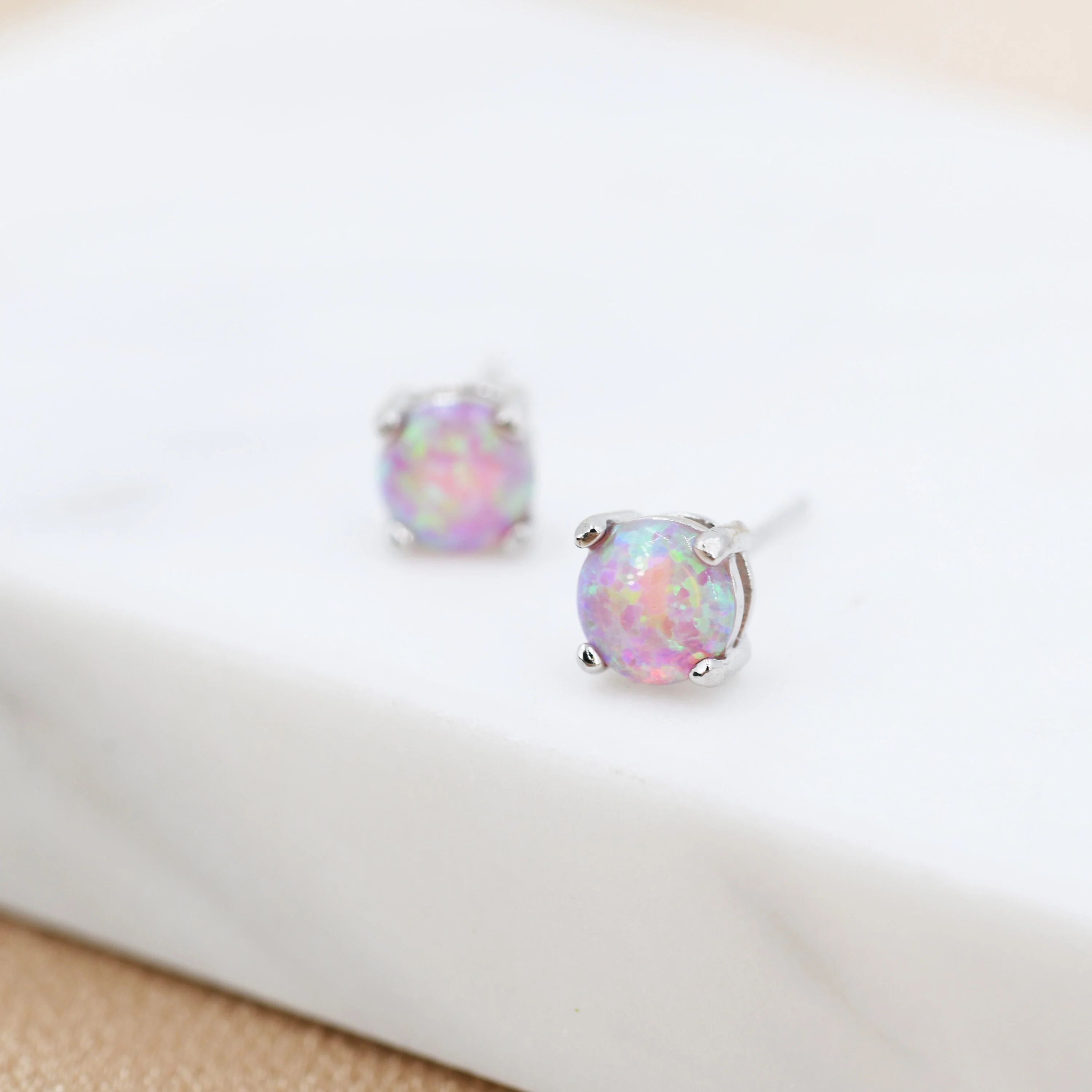 Cosmic Dust Minimalist Opal Stud Earrings in Sterling Silver, Simulated Opal, Blue Lilac Pink Hues - Image 6