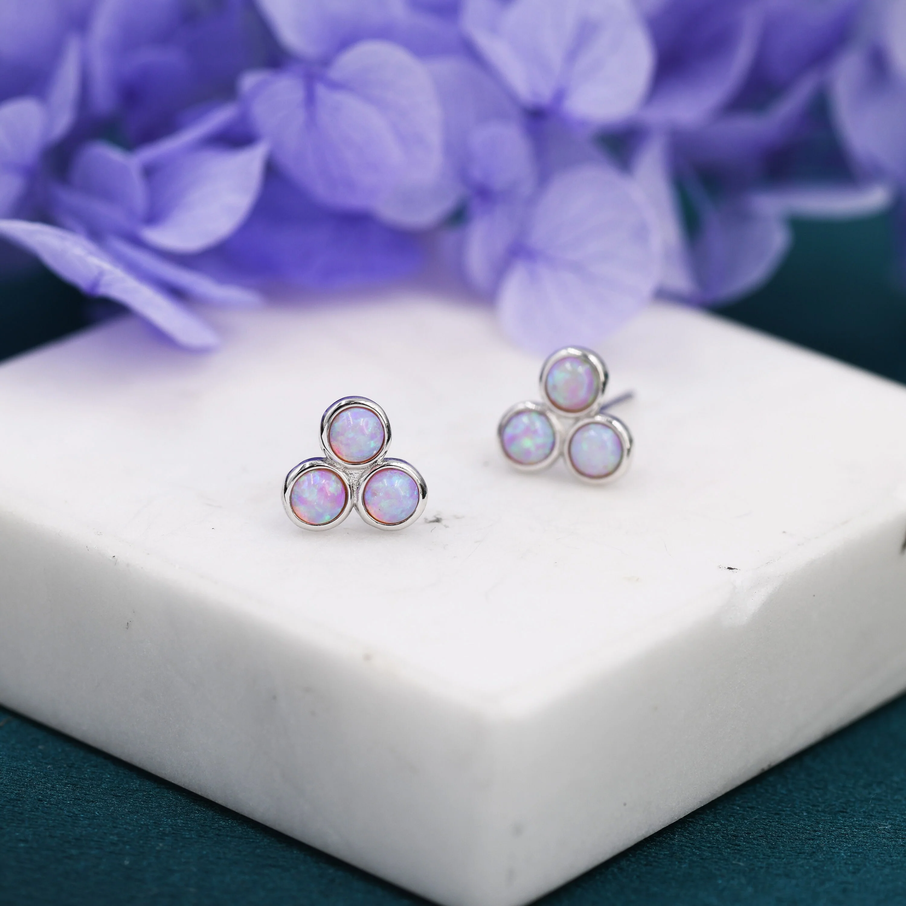 Cosmic Dust Pink Opal Dot Circle Stud Earrings in Sterling Silver - Silver or Gold - Fire Opal Trio Earrings, Three Opals - Image 3