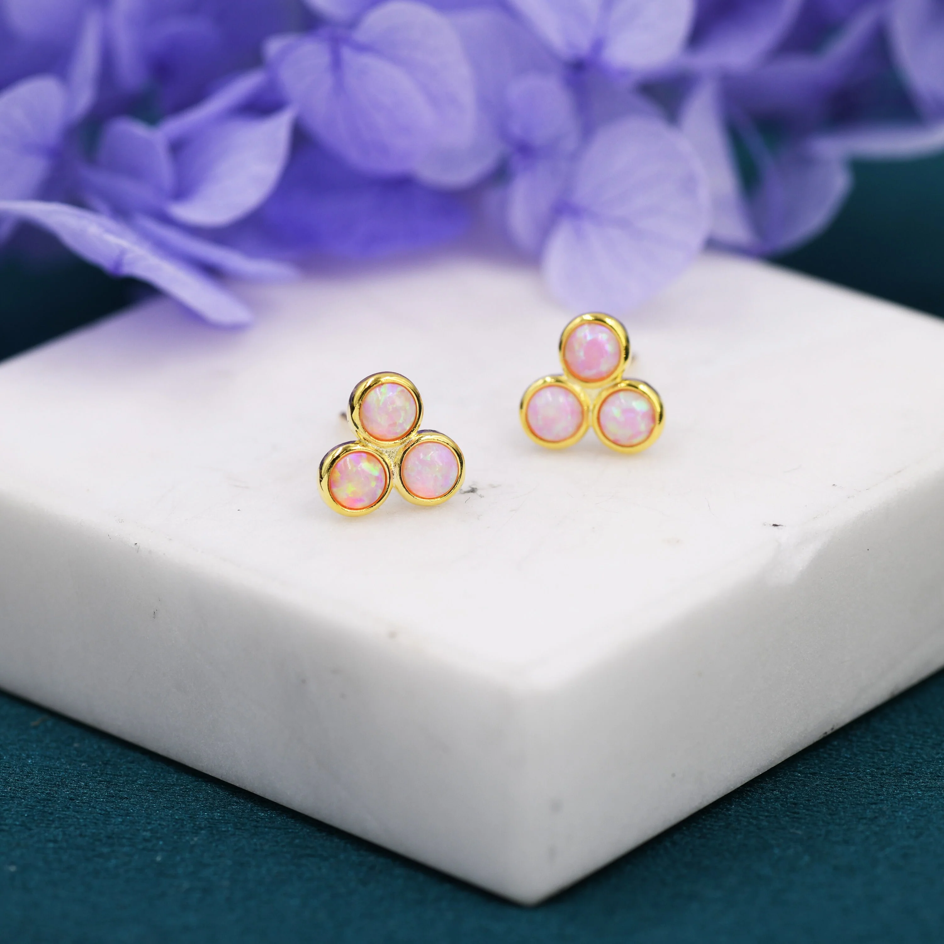 Cosmic Dust Pink Opal Dot Circle Stud Earrings in Sterling Silver - Silver or Gold - Fire Opal Trio Earrings, Three Opals - Image 5