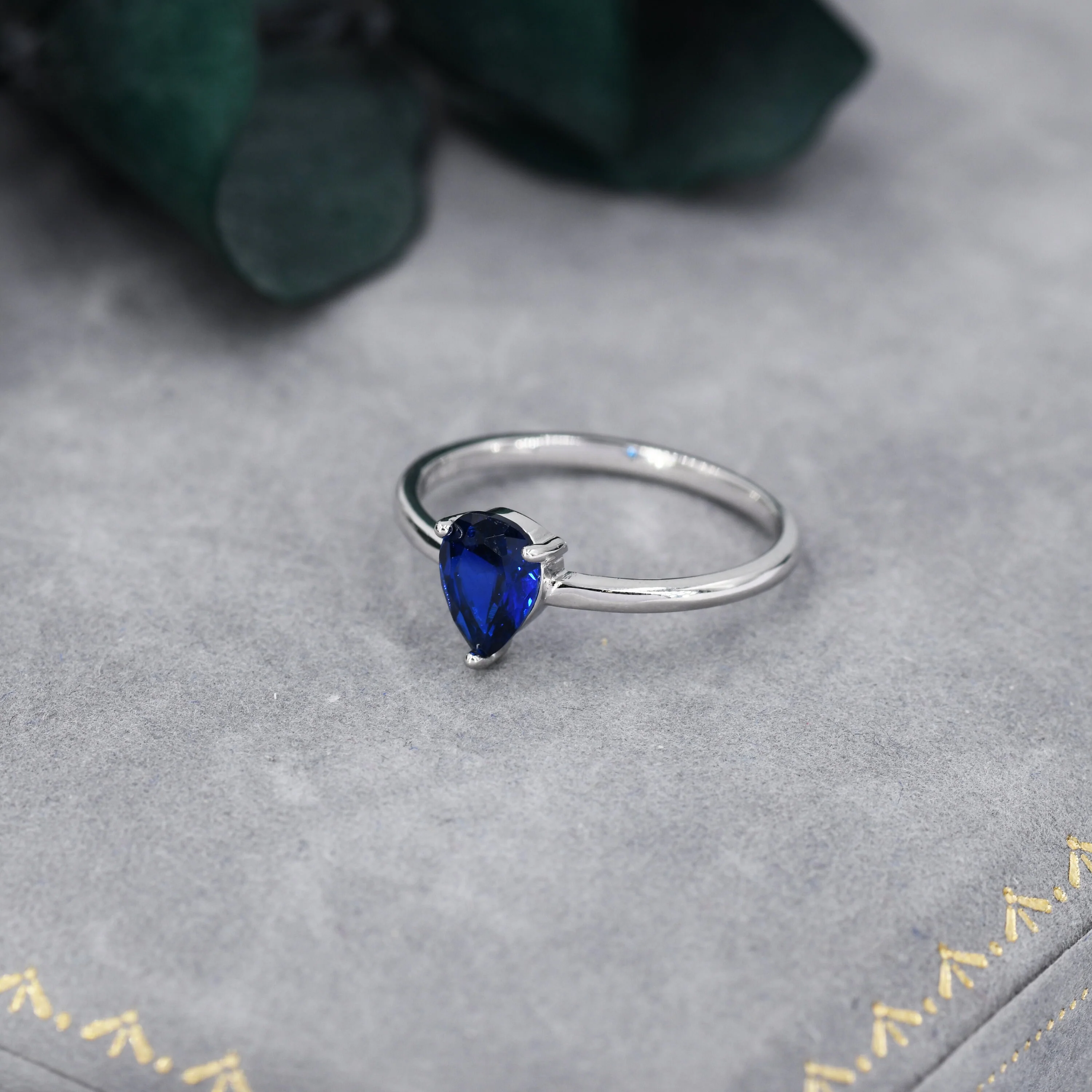Created Blue Sapphire Droplet Ring in Sterling Silver,  5x7mm, Prong Set Pear Cut, US 5 6 7 8, Blue Corundum Ring, September Birthstone - Image 2