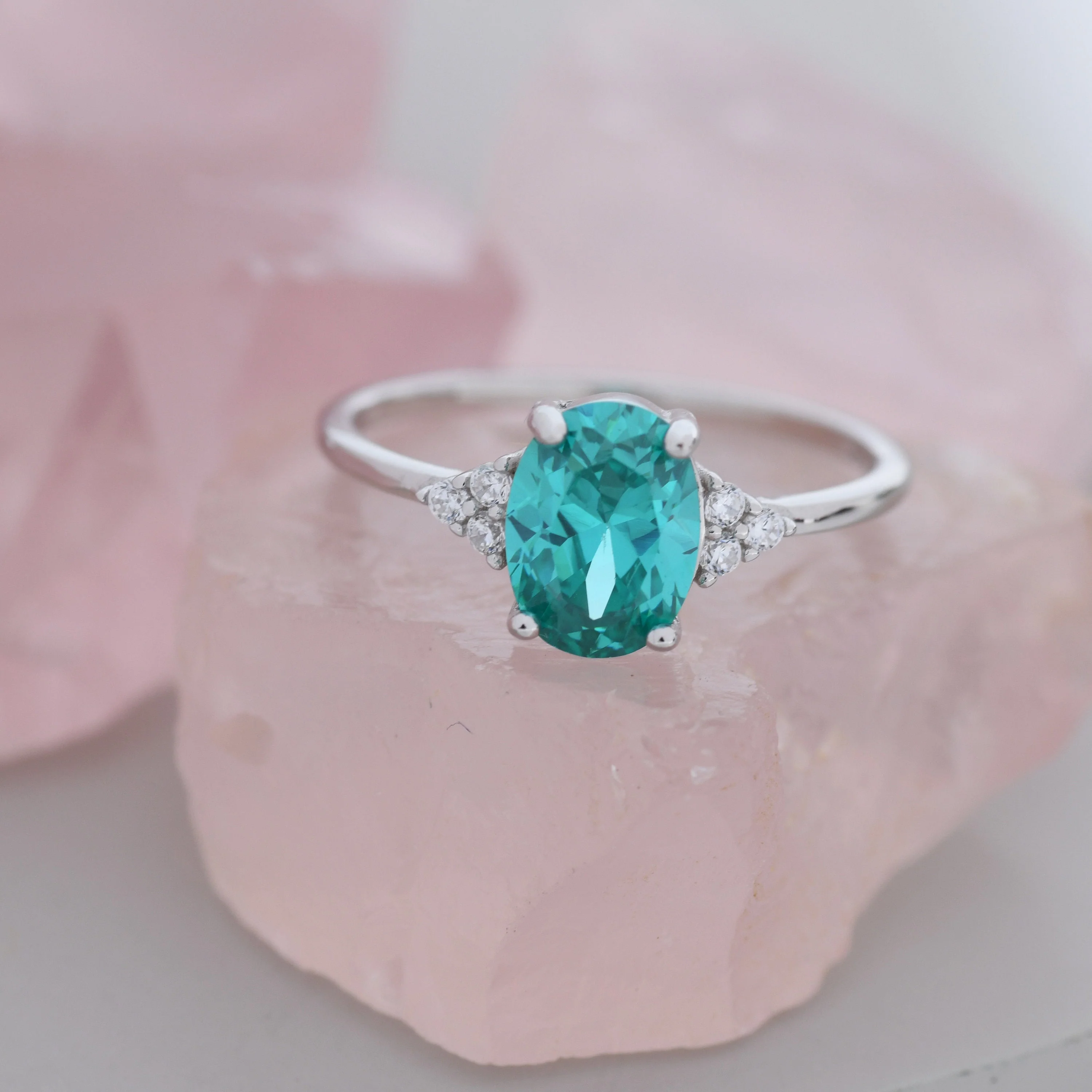 Created Paraiba Green Tourmaline Oval Ring in Sterling Silver,  Lab Paraiba Tourmaline Ring, Three CZ, Vintage Inspired Design, US 5 - 8 - Image 6