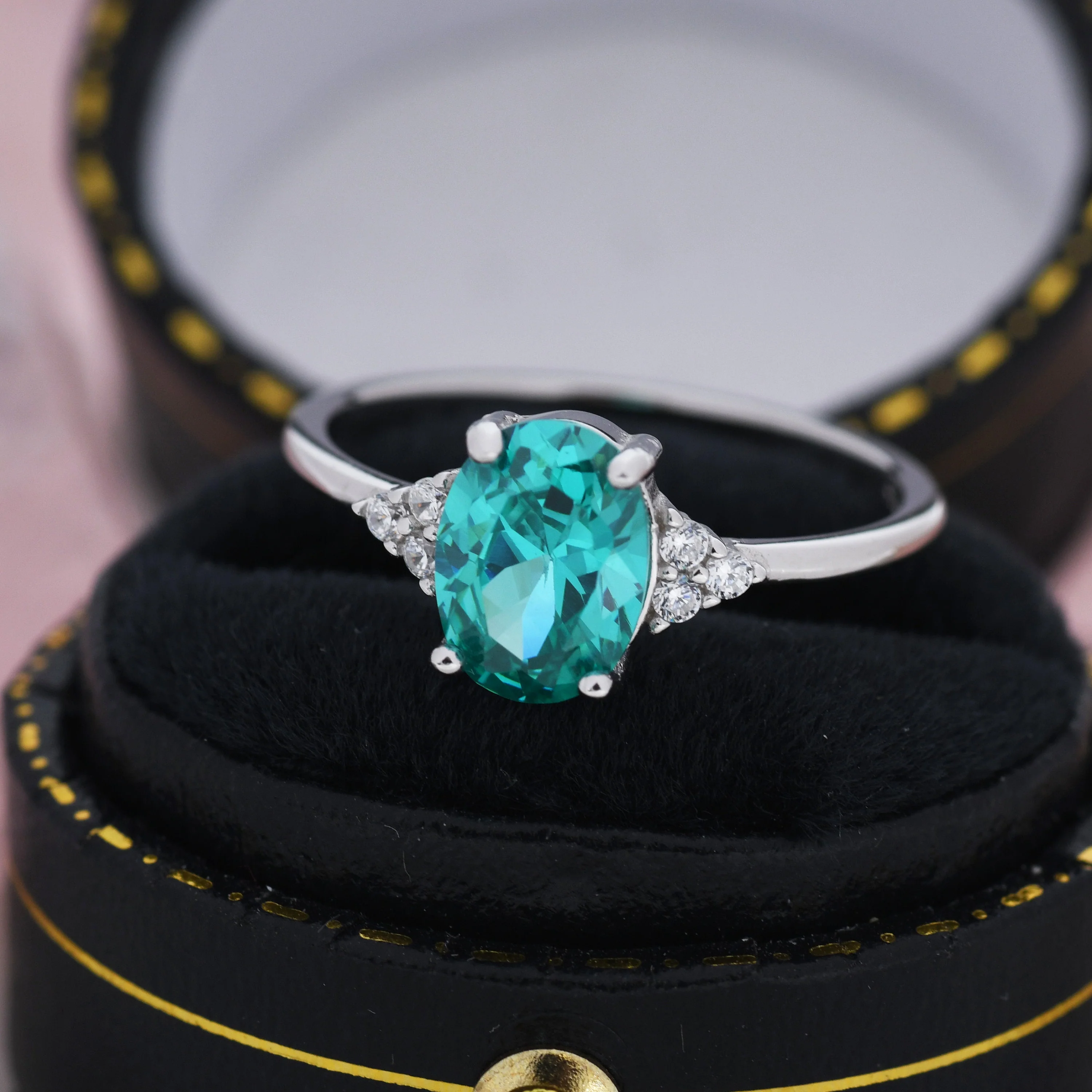 Created Paraiba Green Tourmaline Oval Ring in Sterling Silver,  Lab Paraiba Tourmaline Ring, Three CZ, Vintage Inspired Design, US 5 - 8 - Image 8