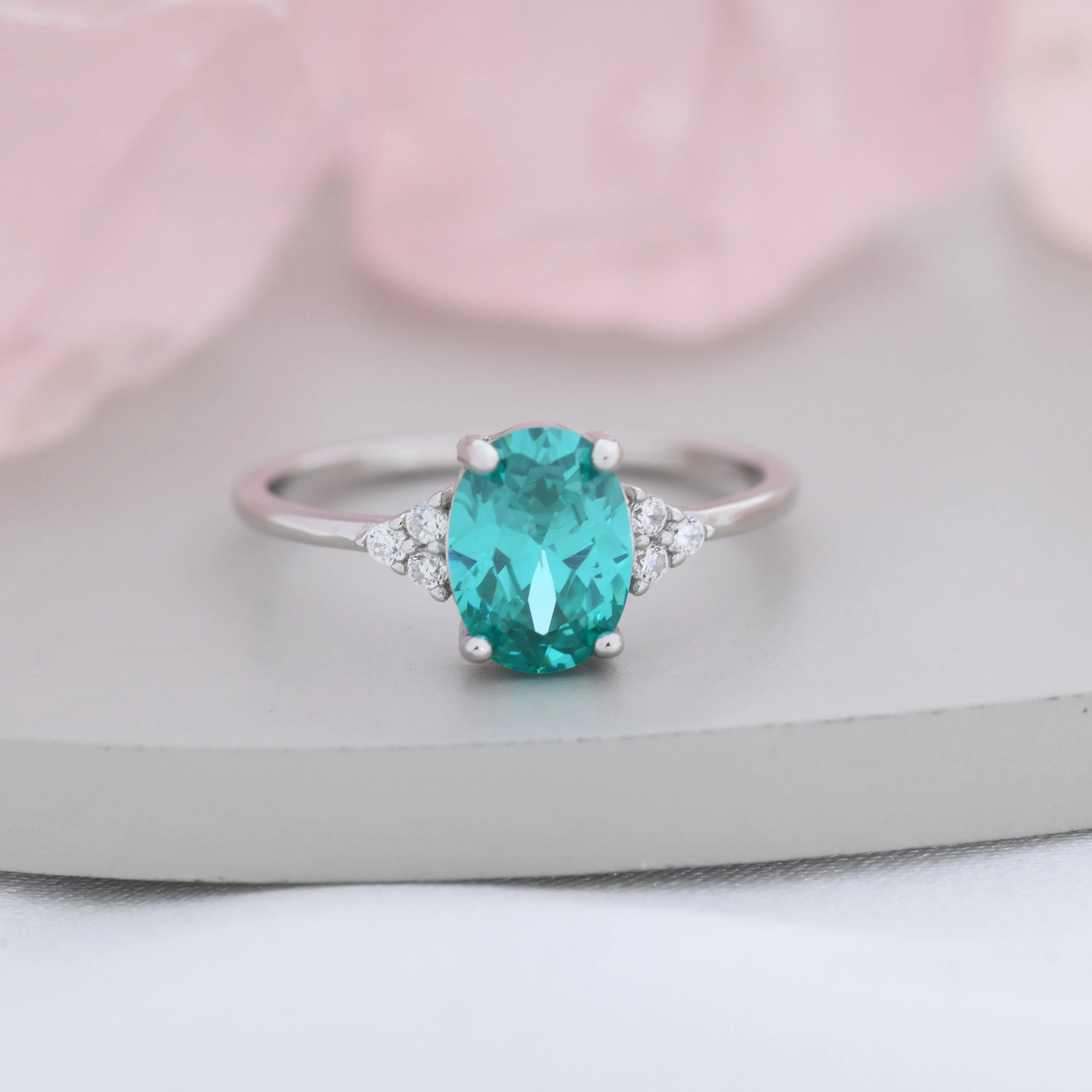 Created Paraiba Green Tourmaline Oval Ring in Sterling Silver,  Lab Paraiba Tourmaline Ring, Three CZ, Vintage Inspired Design, US 5 - 8 - Image 9