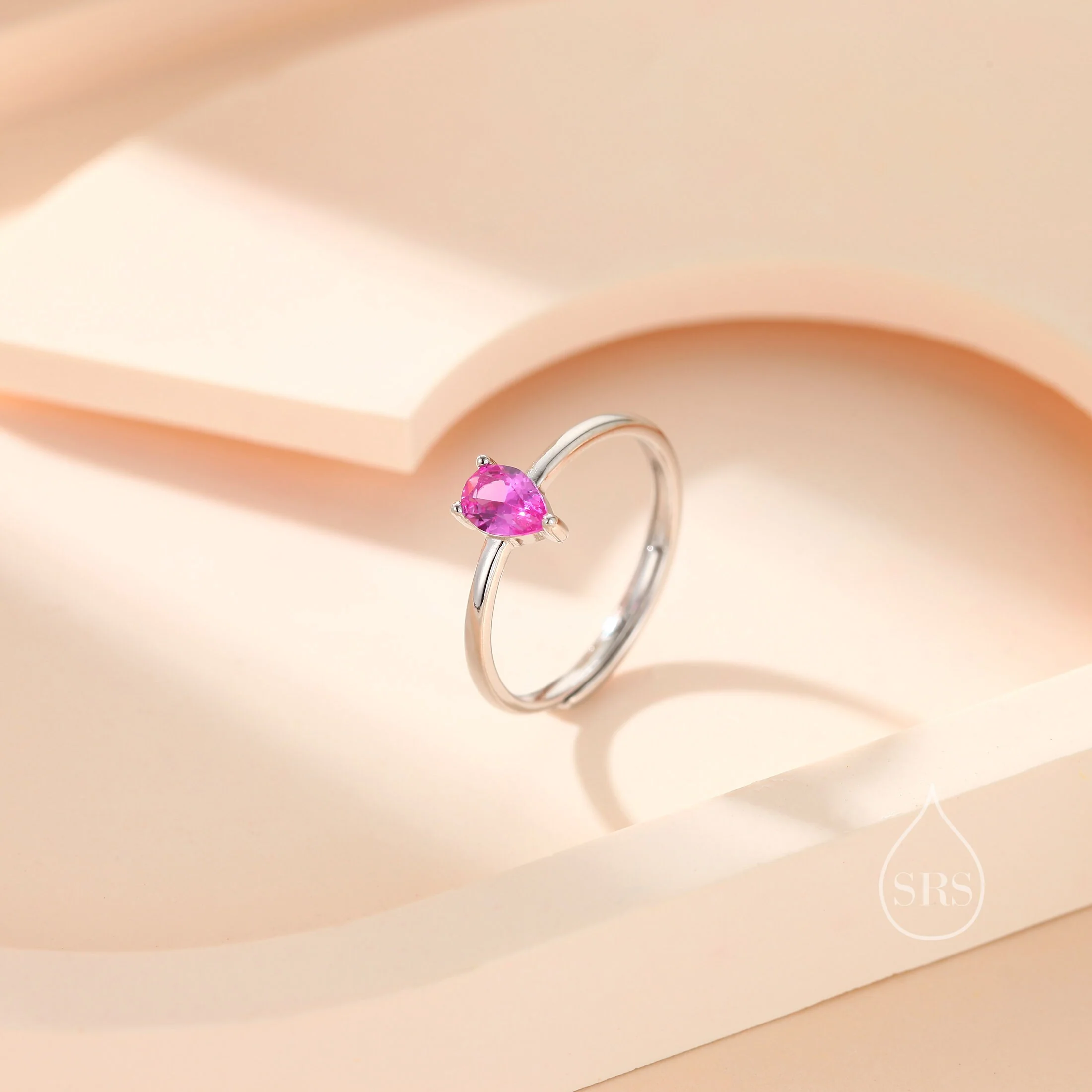 Created Ruby Pink Droplet Ring in Sterling Silver, 4x6mm, Prong Set Pear Cut, Adjustable Size, Lab Created Ruby Red CZ Ring - Image 2