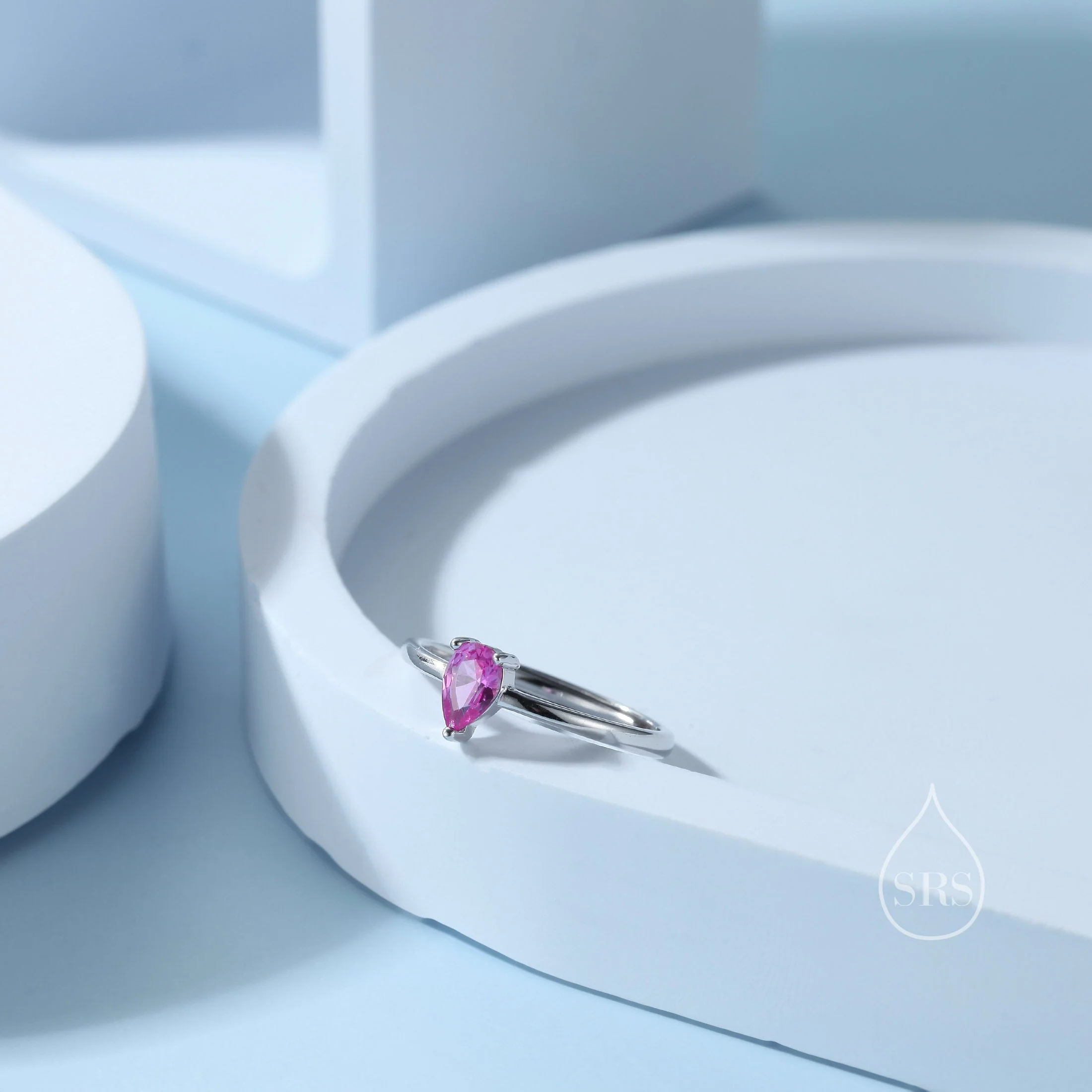 Created Ruby Pink Droplet Ring in Sterling Silver, 4x6mm, Prong Set Pear Cut, Adjustable Size, Lab Created Ruby Red CZ Ring - Image 3