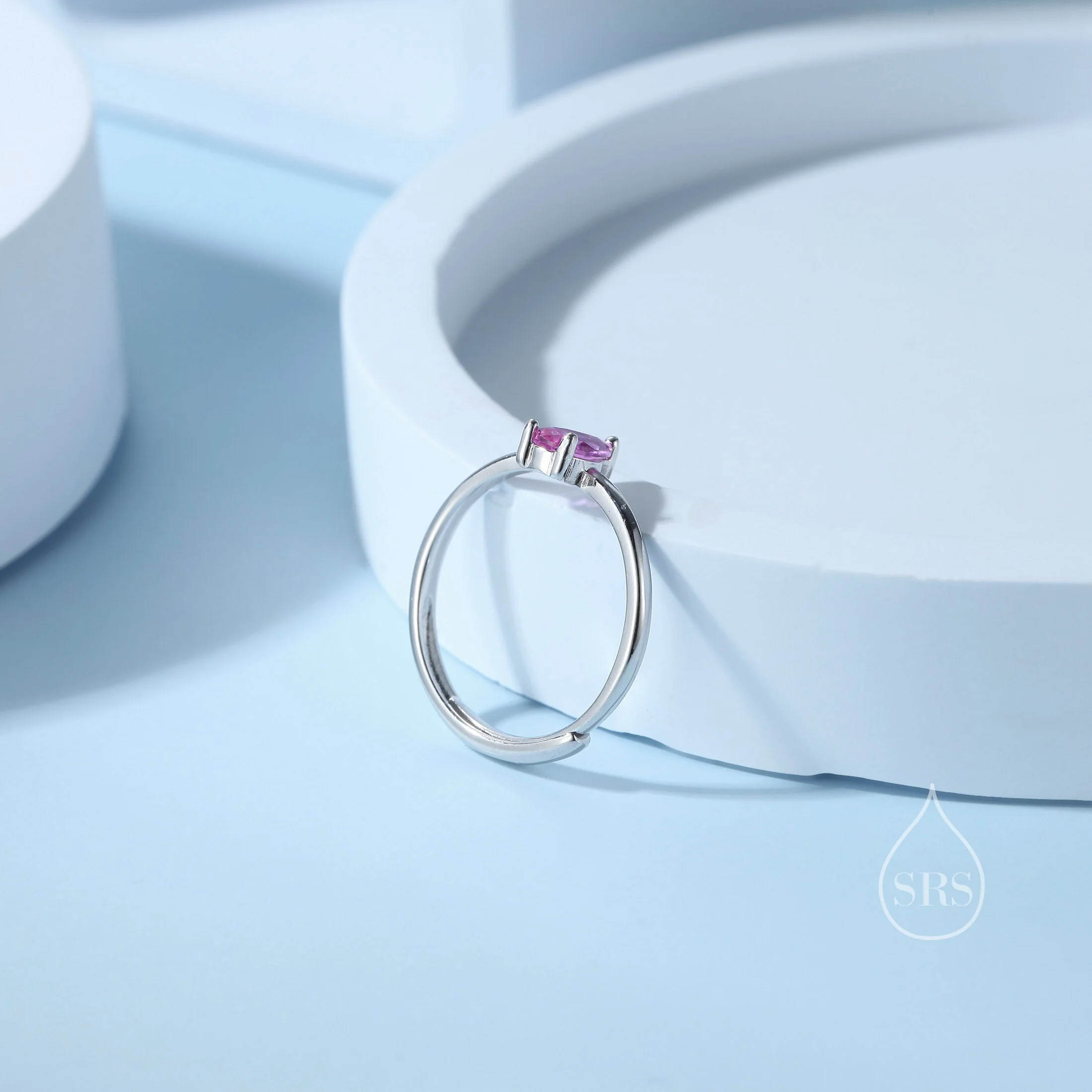 Created Ruby Pink Droplet Ring in Sterling Silver, 4x6mm, Prong Set Pear Cut, Adjustable Size, Lab Created Ruby Red CZ Ring - Image 4