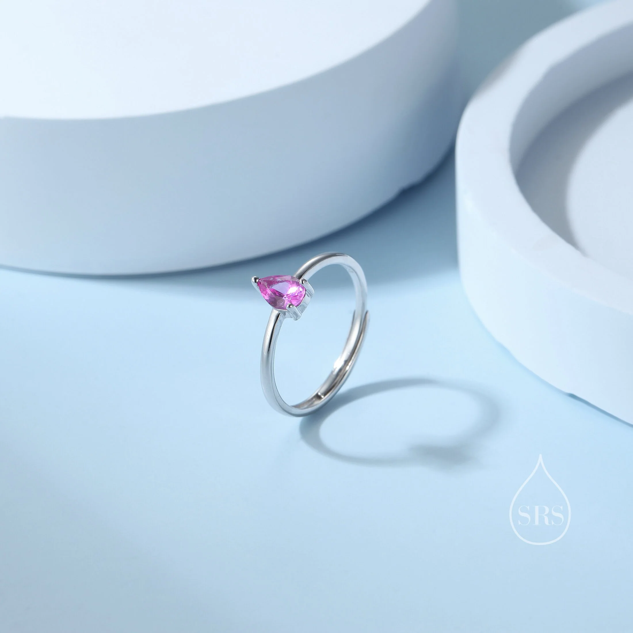 Created Ruby Pink Droplet Ring in Sterling Silver, 4x6mm, Prong Set Pear Cut, Adjustable Size, Lab Created Ruby Red CZ Ring - Image 5