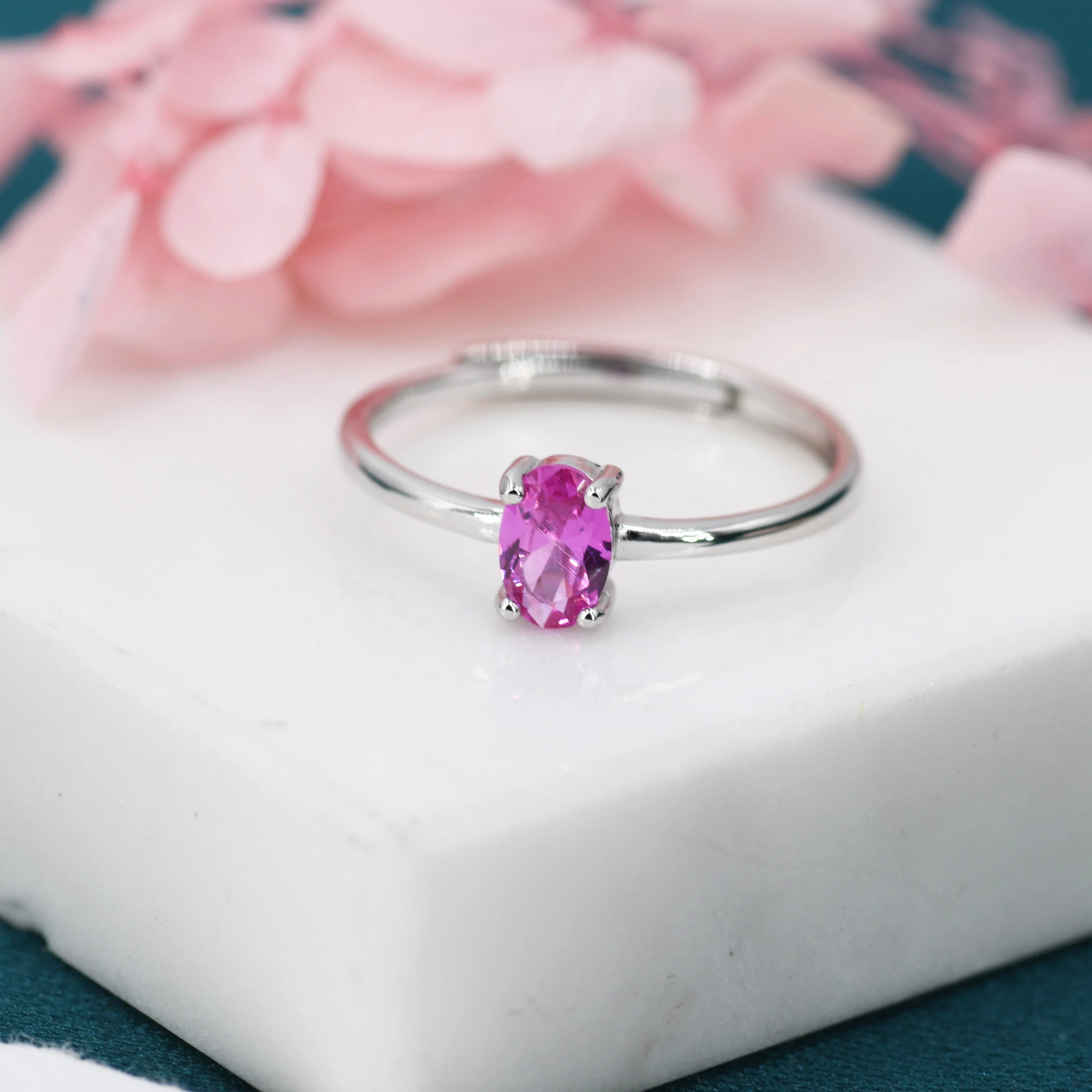 Created Ruby Pink Oval Ring in Sterling Silver, 4x6mm, Prong Set Oval Cut, Adjustable Size, Lab Created Ruby Red CZ Ring