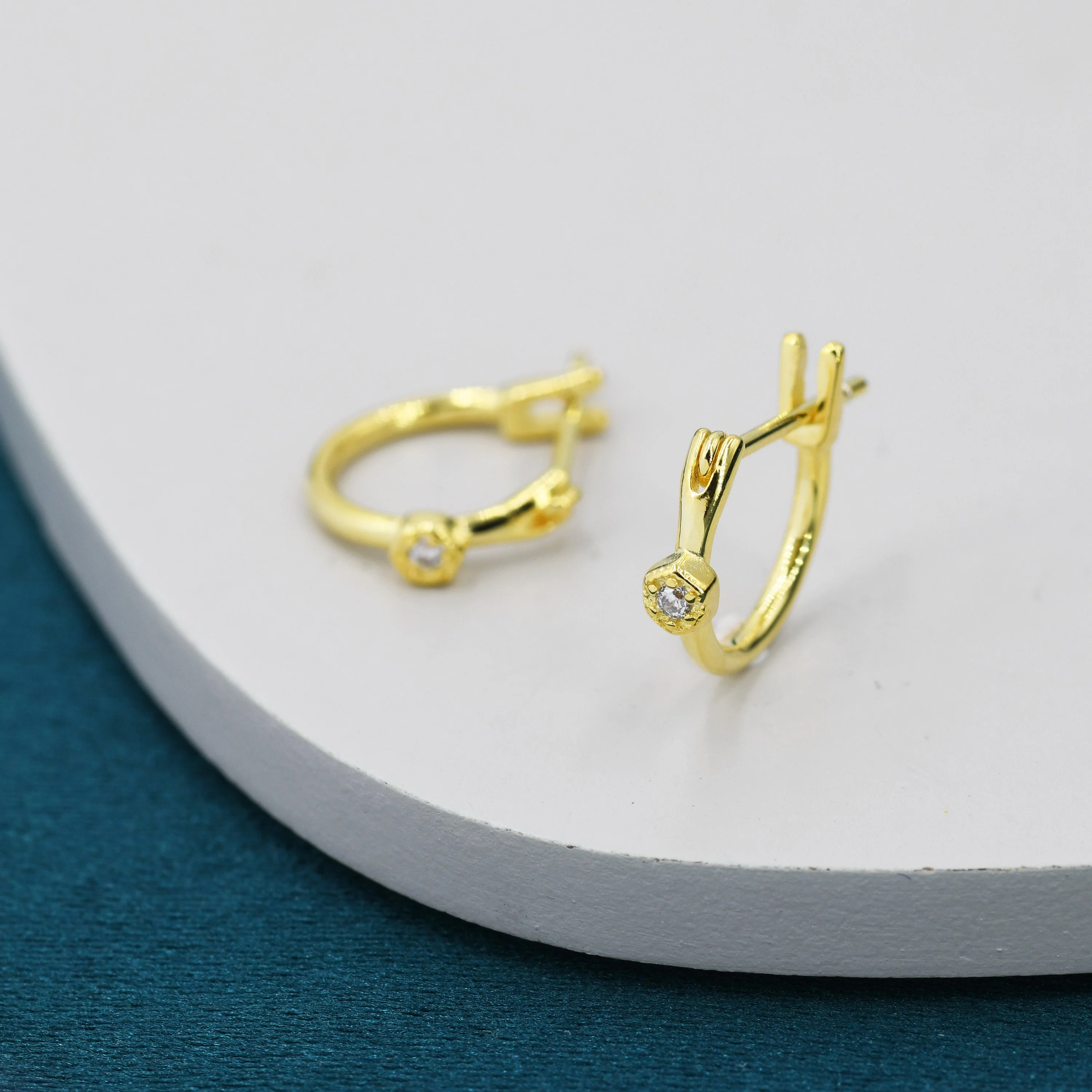 Creole Huggie Hoop Earrings with CZ Crystal in Sterling Silver, Gold Coated Sterling Silver, Creole Lever  Earrings, Minimalist Geometric - Image 2