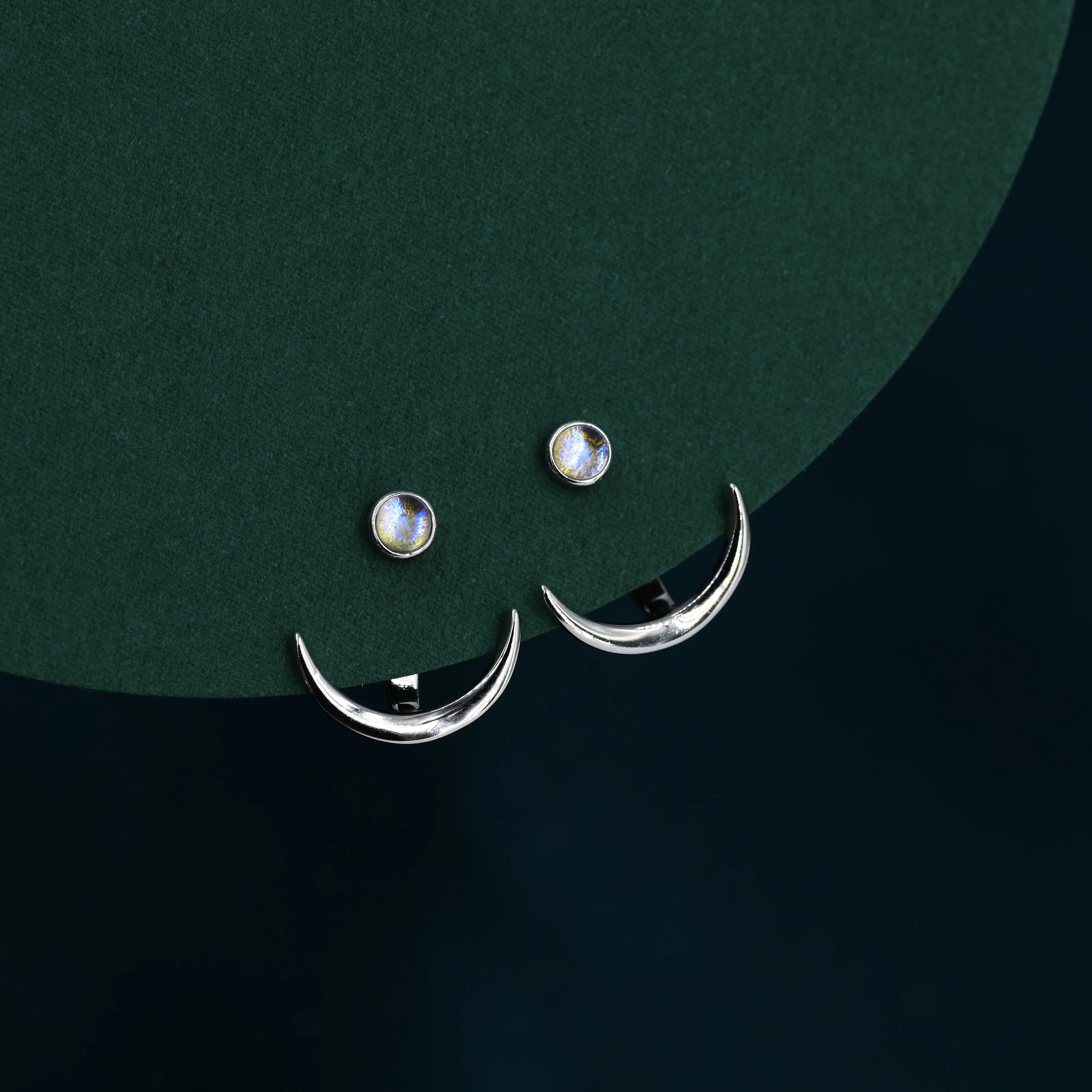 Crescent Moon and Moonstone Ear Jacket in Sterling Silver, Moon Front and Back Earrings in Sterling Silver, Moonstone Earrings