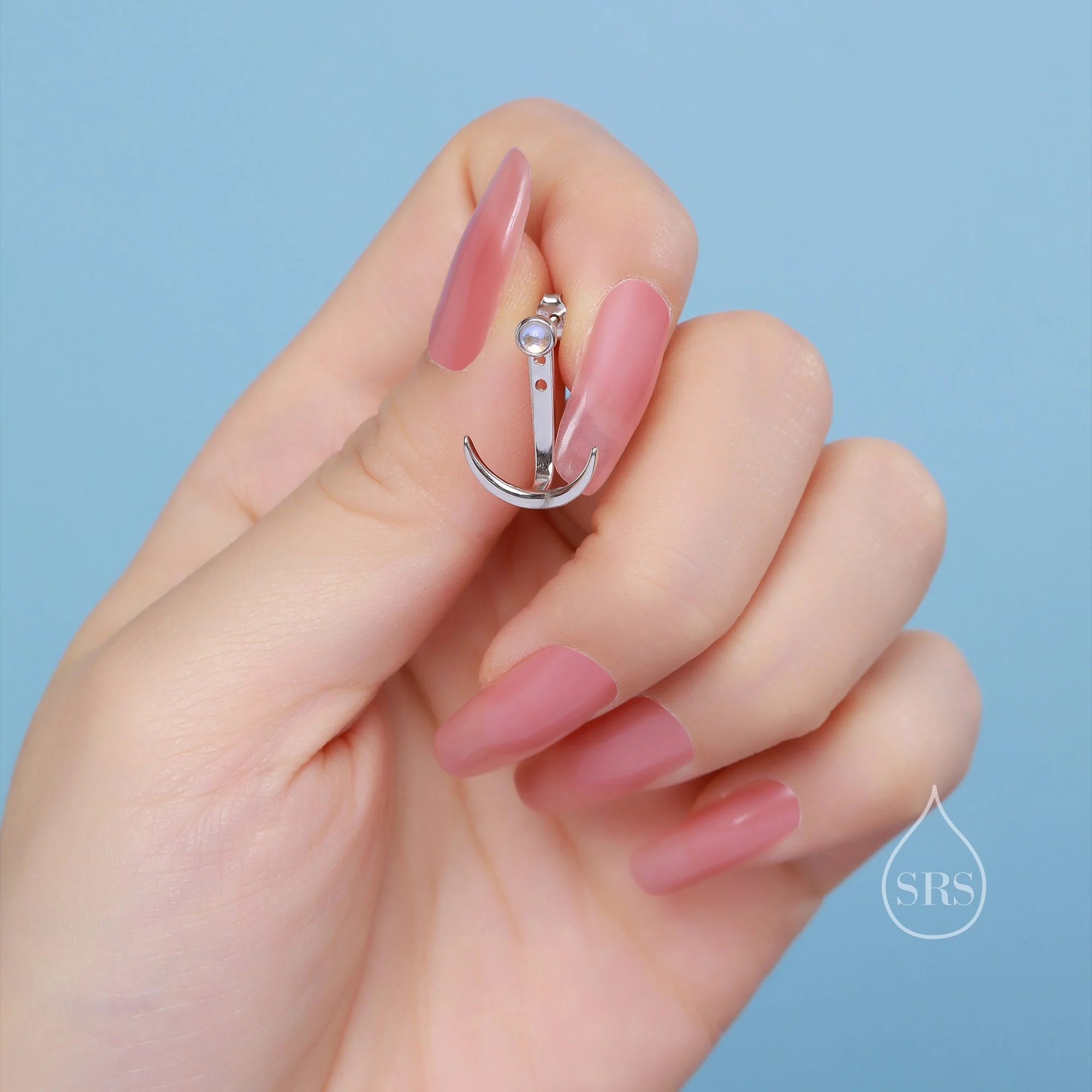 Crescent Moon and Moonstone Ear Jacket in Sterling Silver, Moon Front and Back Earrings in Sterling Silver, Moonstone Earrings - Image 8