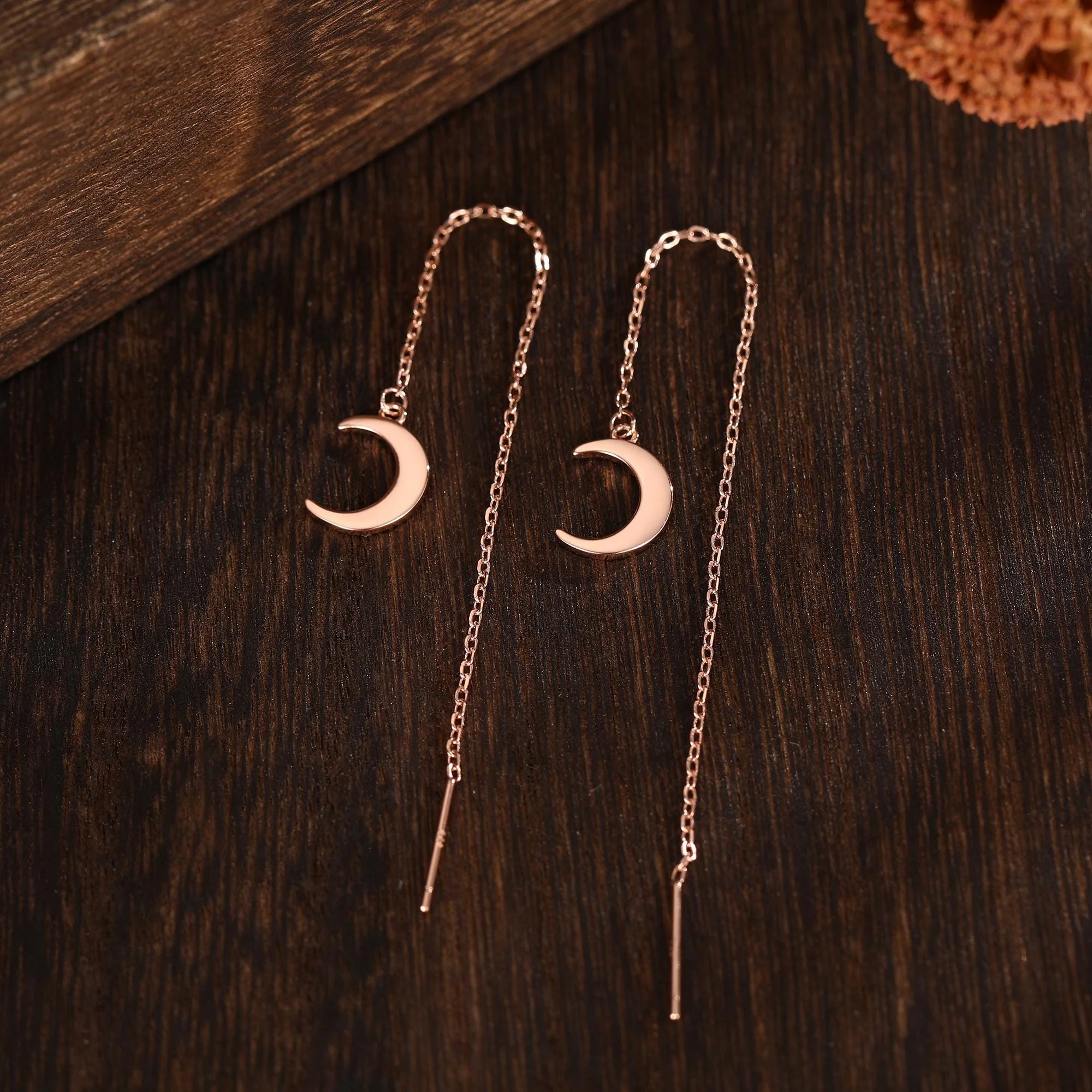 Crescent Moon Dangle Threaders Earrings in Sterling Silver - Image 2