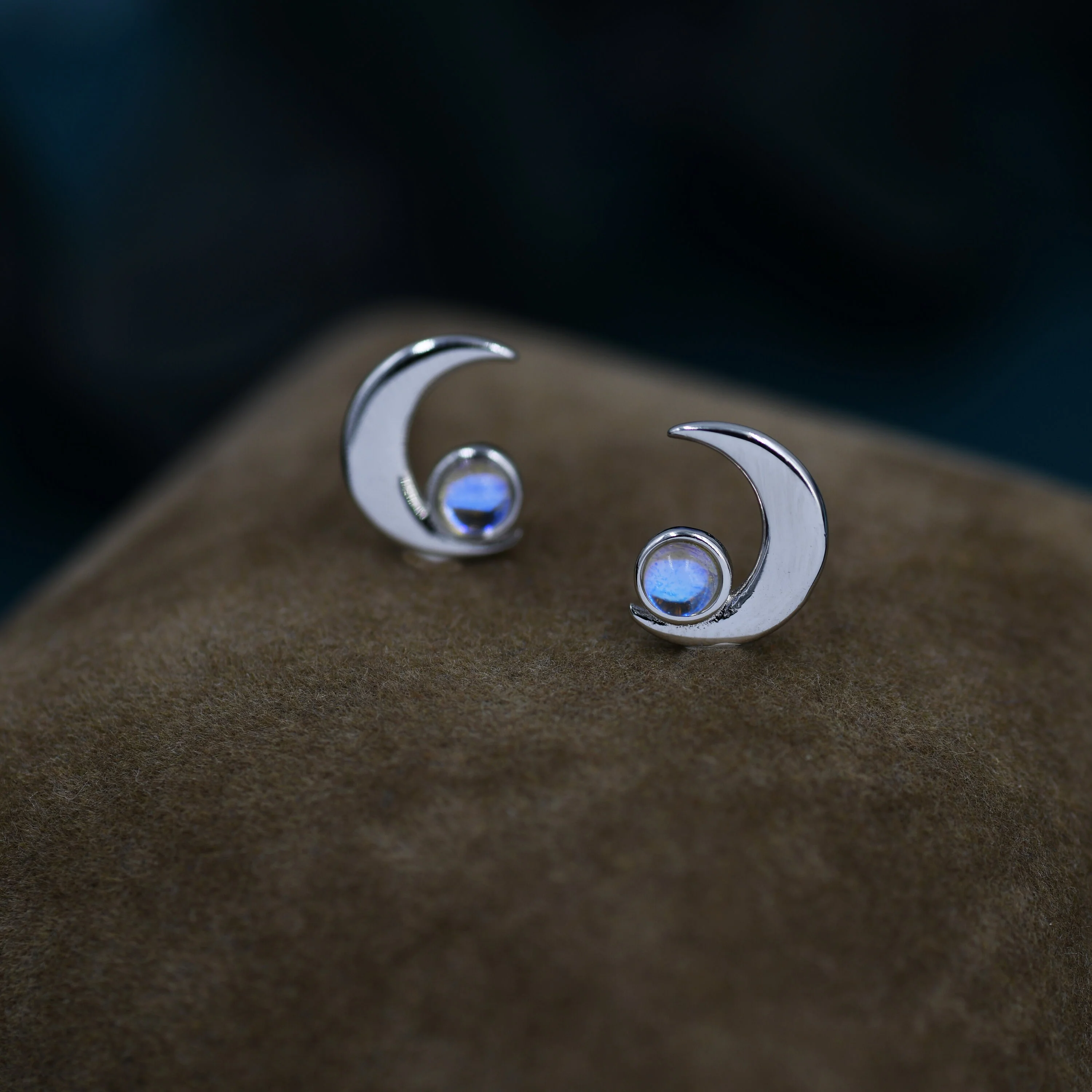 Cresent Moon with Moonstone Stud Earrings in Sterling Silver, Moon Earrings, Moon Stud, Celestial Moon Earrings - Image 4