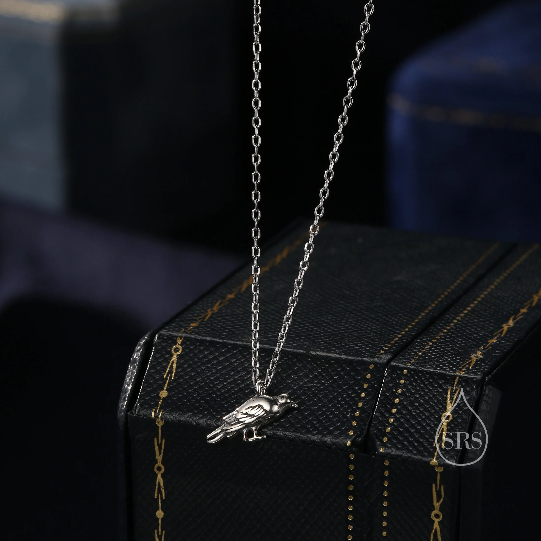 Crow Bird Pendant Necklace in Sterling Silver, Crow Bird Necklace, Raven Silver Bird Necklace - Image 2