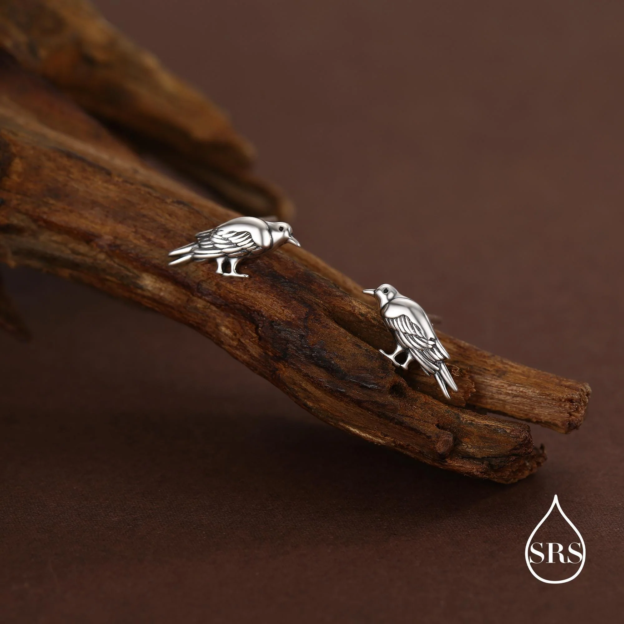Crow Stud Earrings in Sterling Silver with Oxidised Finish, Bird Earrrings