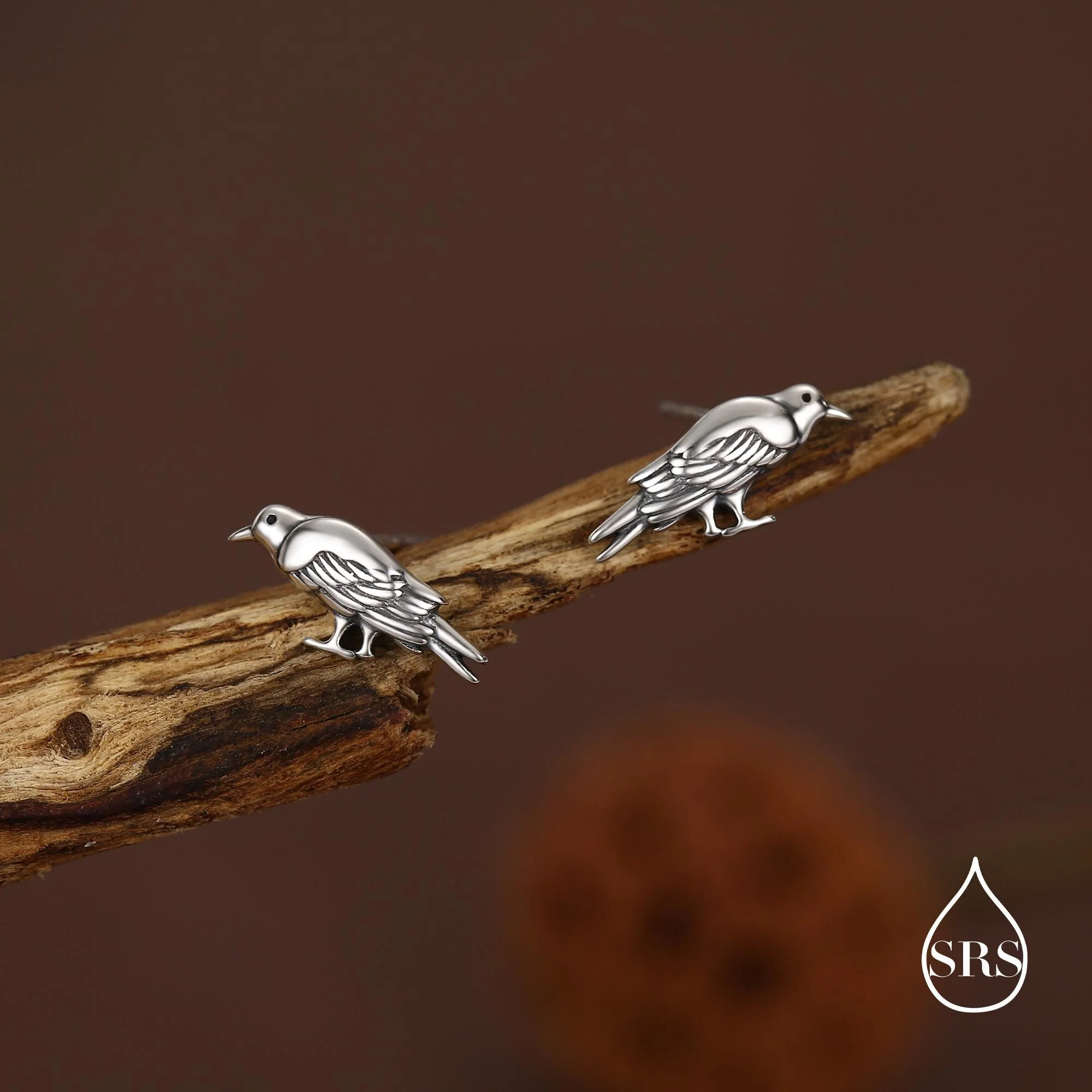 Crow Stud Earrings in Sterling Silver with Oxidised Finish, Bird Earrrings - Image 3