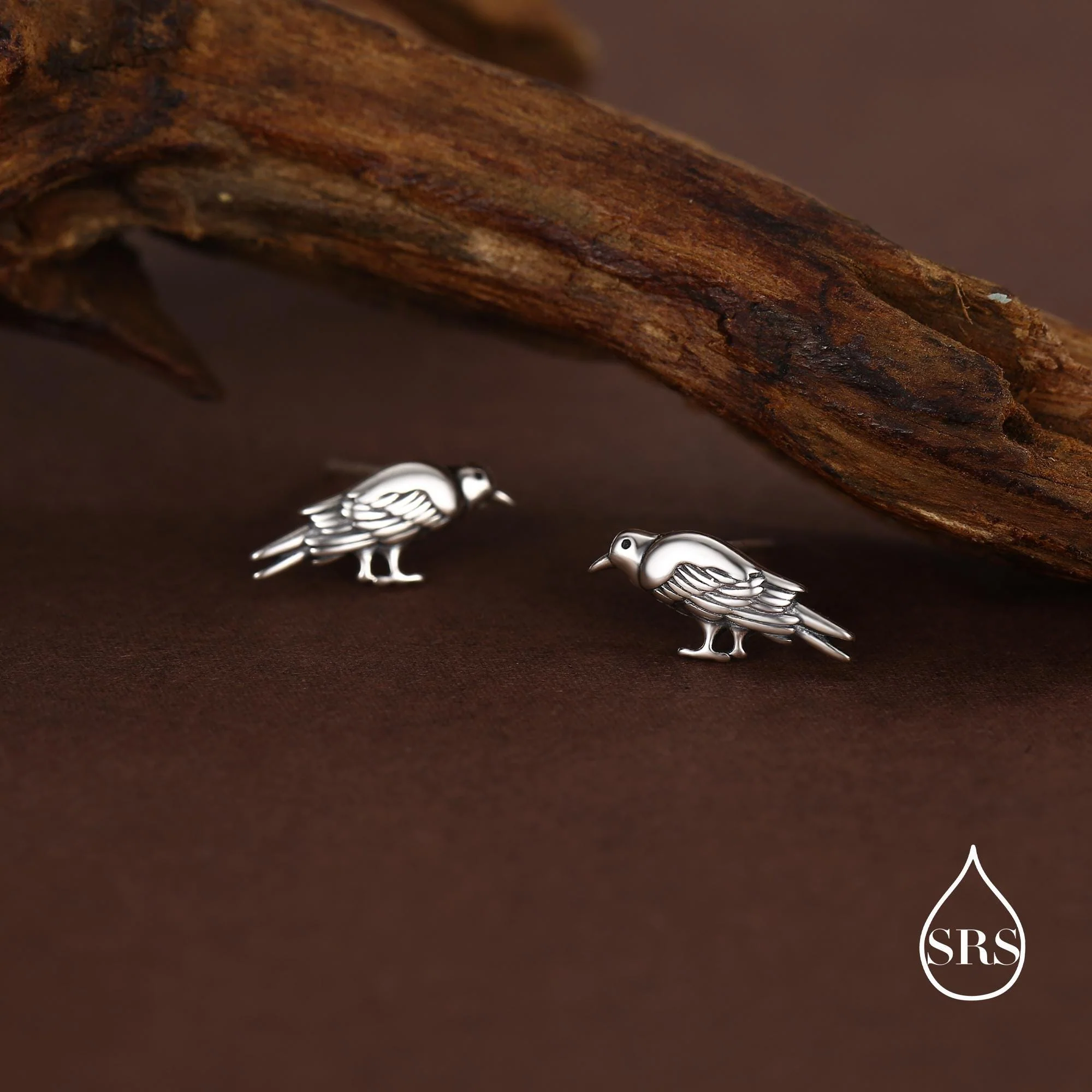 Crow Stud Earrings in Sterling Silver with Oxidised Finish, Bird Earrrings - Image 6