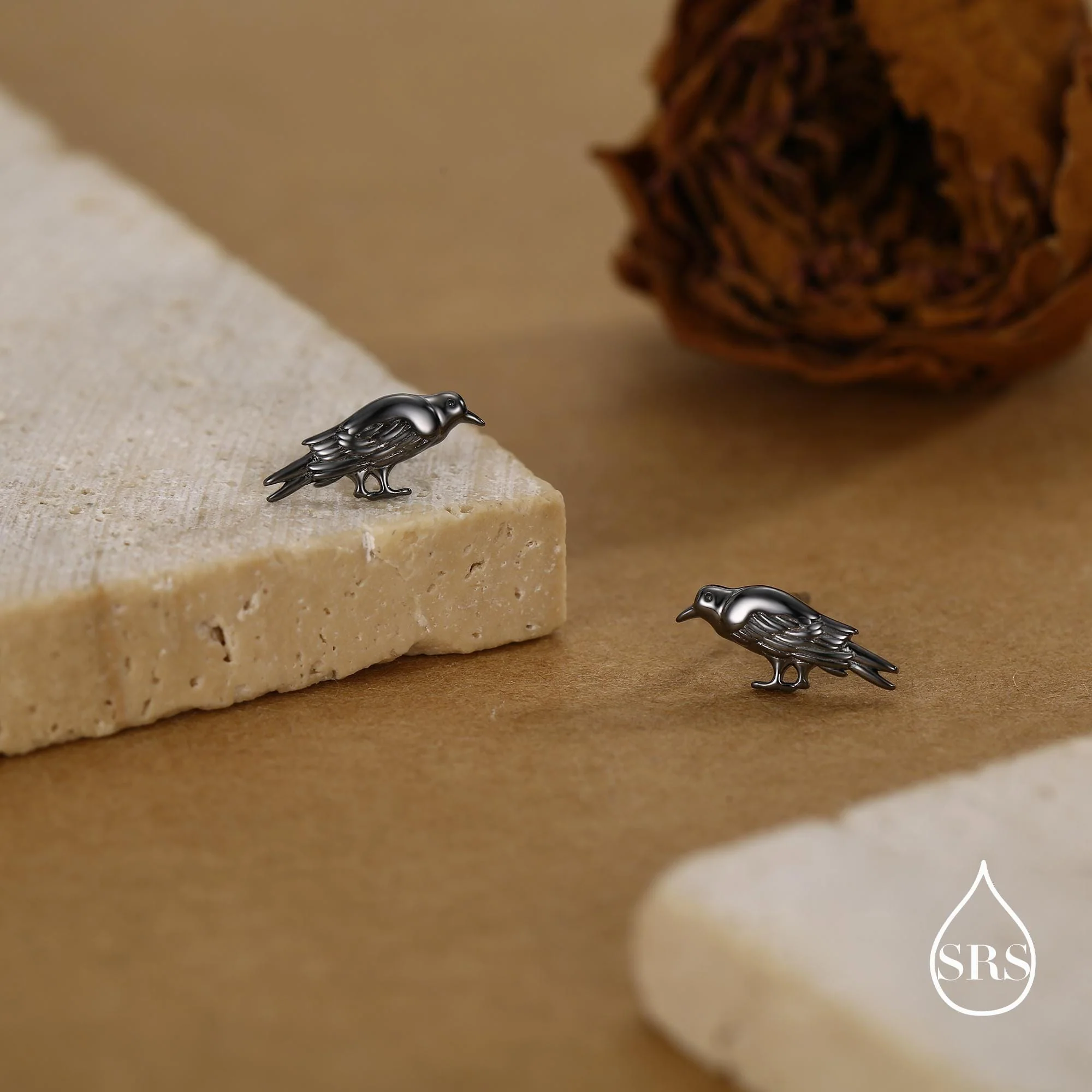 Crow Stud Earrings in Sterling Silver with Black Rhodium Coating - Image 5