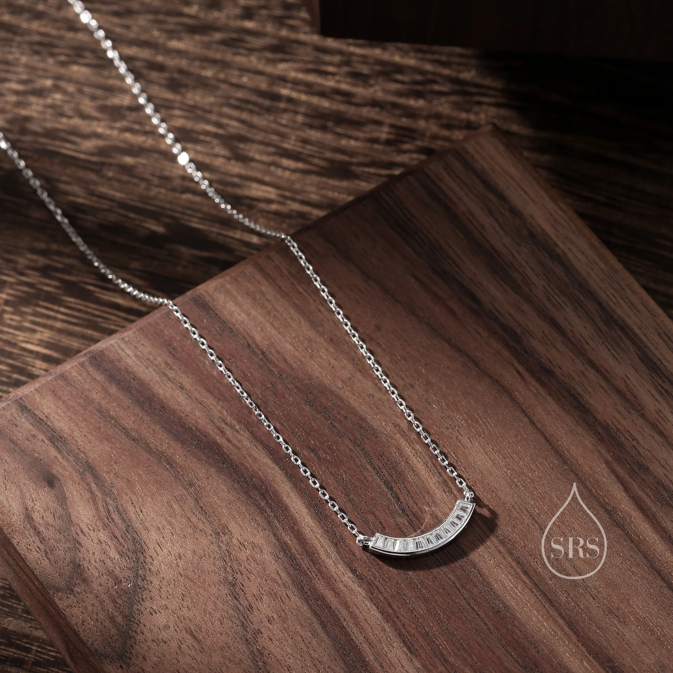 Curved Bar CZ Pendant Necklace in Sterling Silver, Silver or Gold, Silver CZ Curved Bar Necklace, Smile Necklace, CZ Cluster Pendant - Image 2