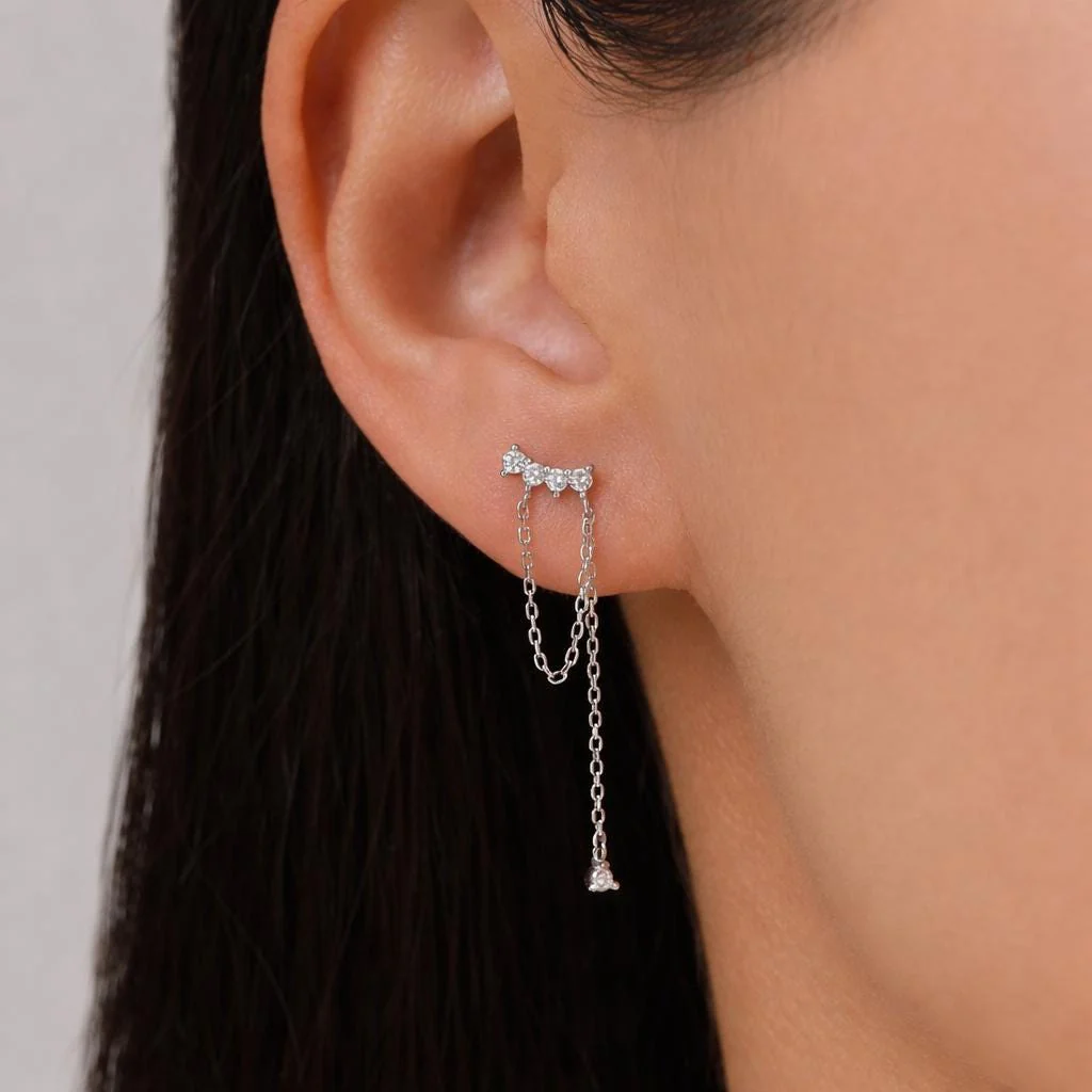 Curved CZ Bar Chained Stud Earrings in Sterling Silver, Silver, Gold or Rose Gold, Dangle Chain Earrings, Single Piercing