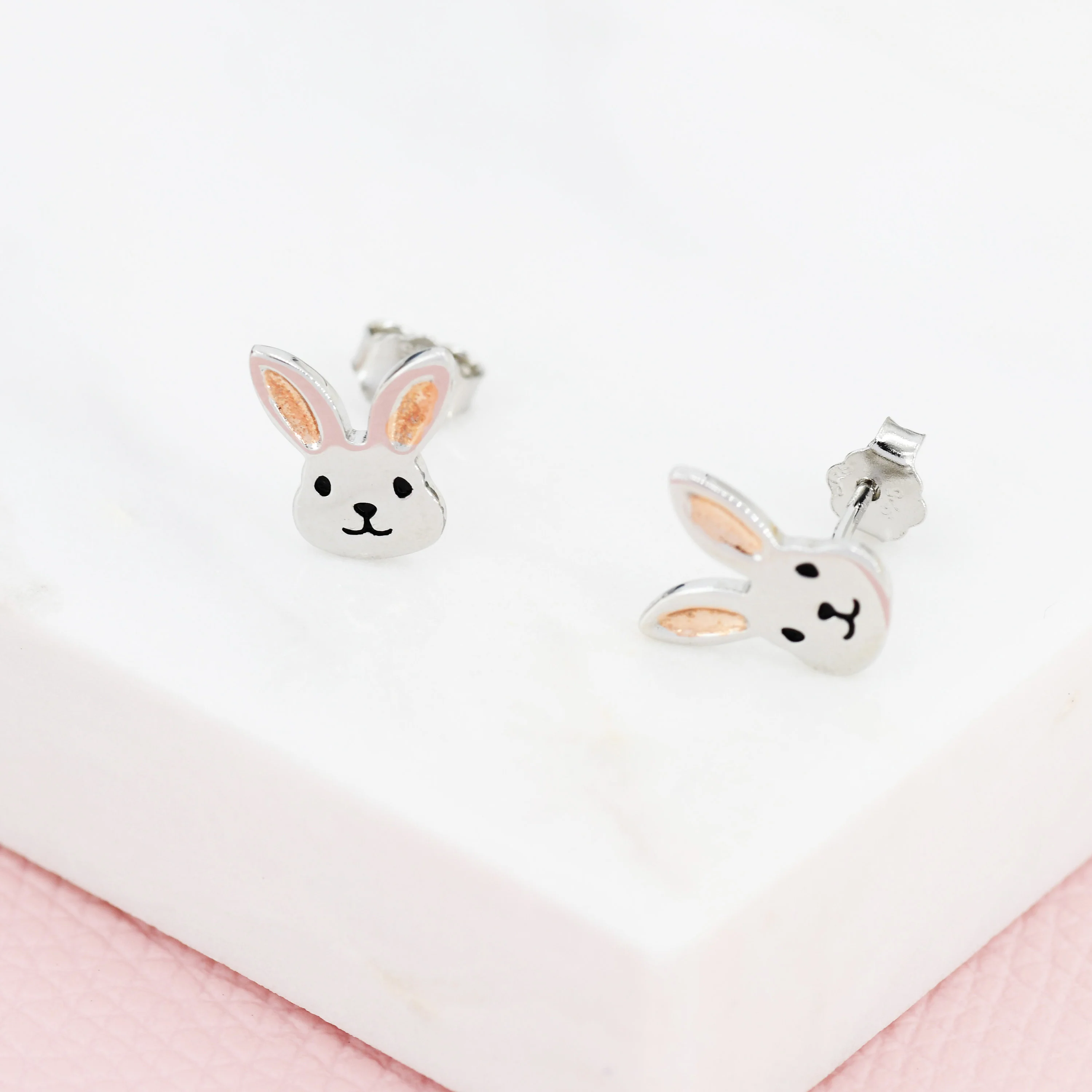 Cute Bunny Head Earrings in Sterling Silver, Silver and Rose Gold, Rabbit Stud Earrings, Rabbit Head Earrings, Animal Earrings - Image 5
