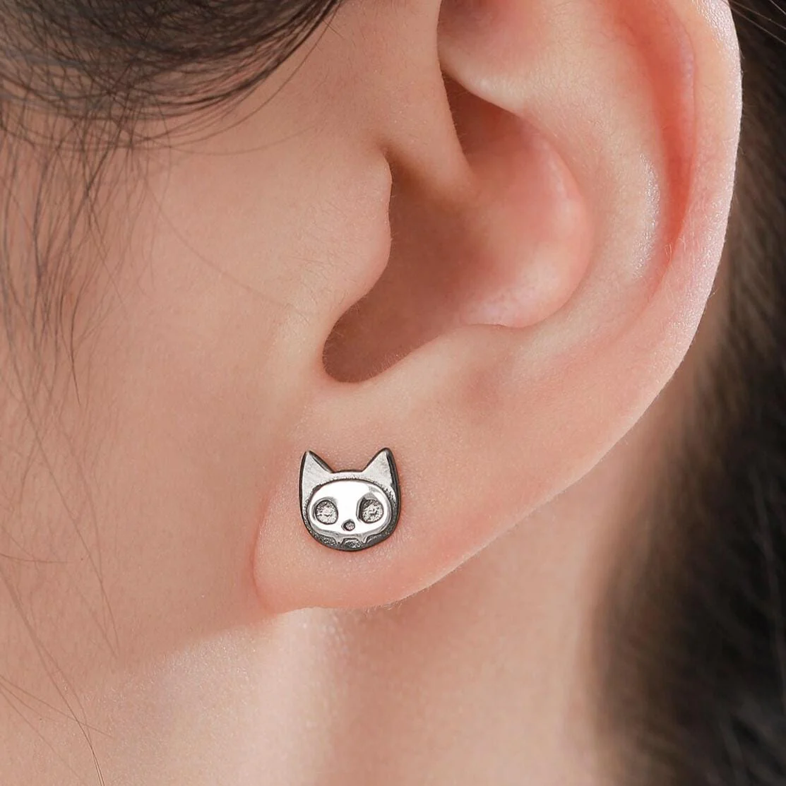 Cute Cat Skull Stud Earrings in Sterling Silver, Black Rhodium Partial Coated, Black Cat Stud Earrings in Sterling Silver - Image 6
